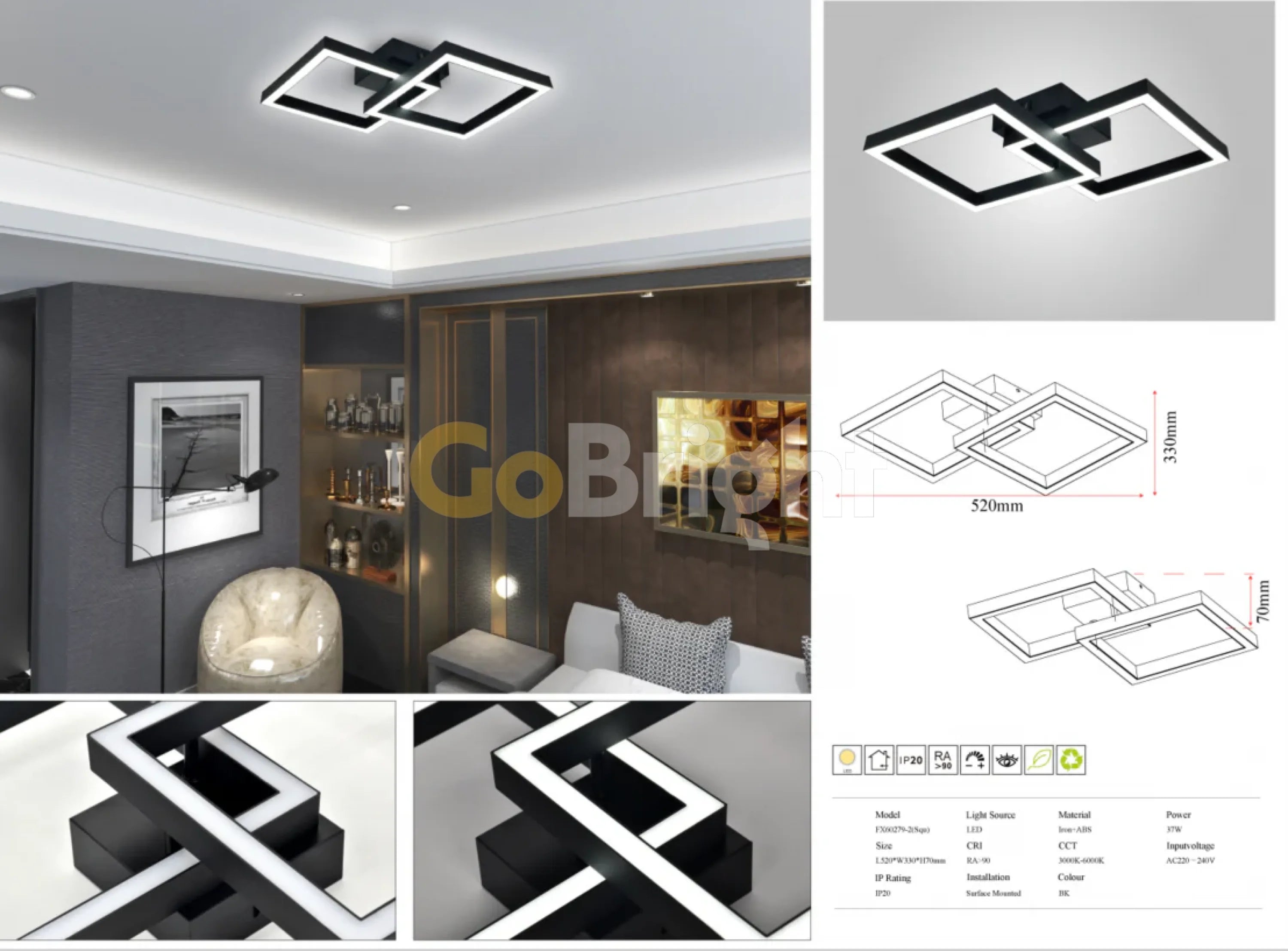 Lustra LED 37W Taiga cu Telecomanda 3 Tipuri de Lumini Negru