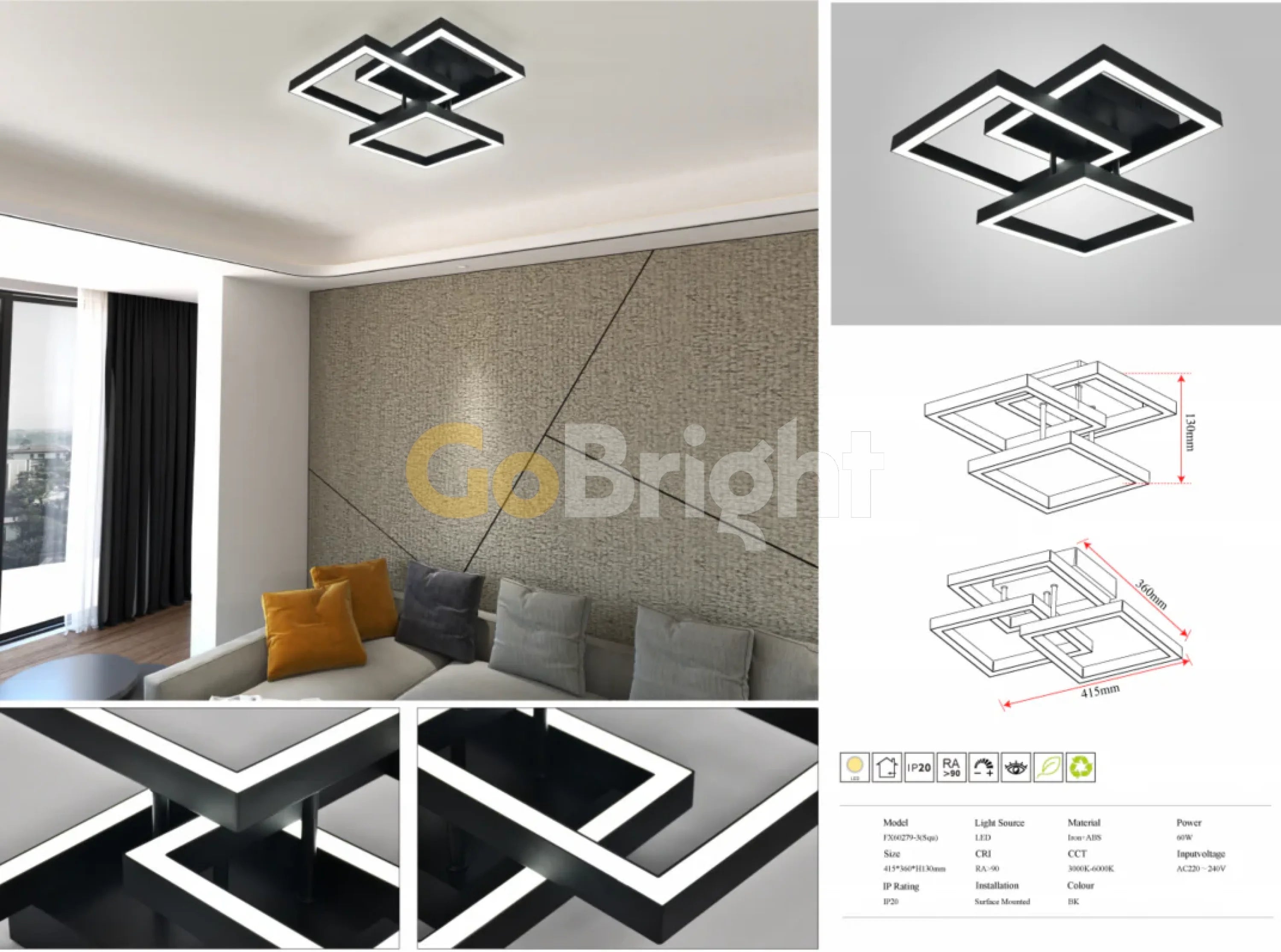 Lustra LED 60W Taiga cu Telecomanda 3 Tipuri de Lumini Negru