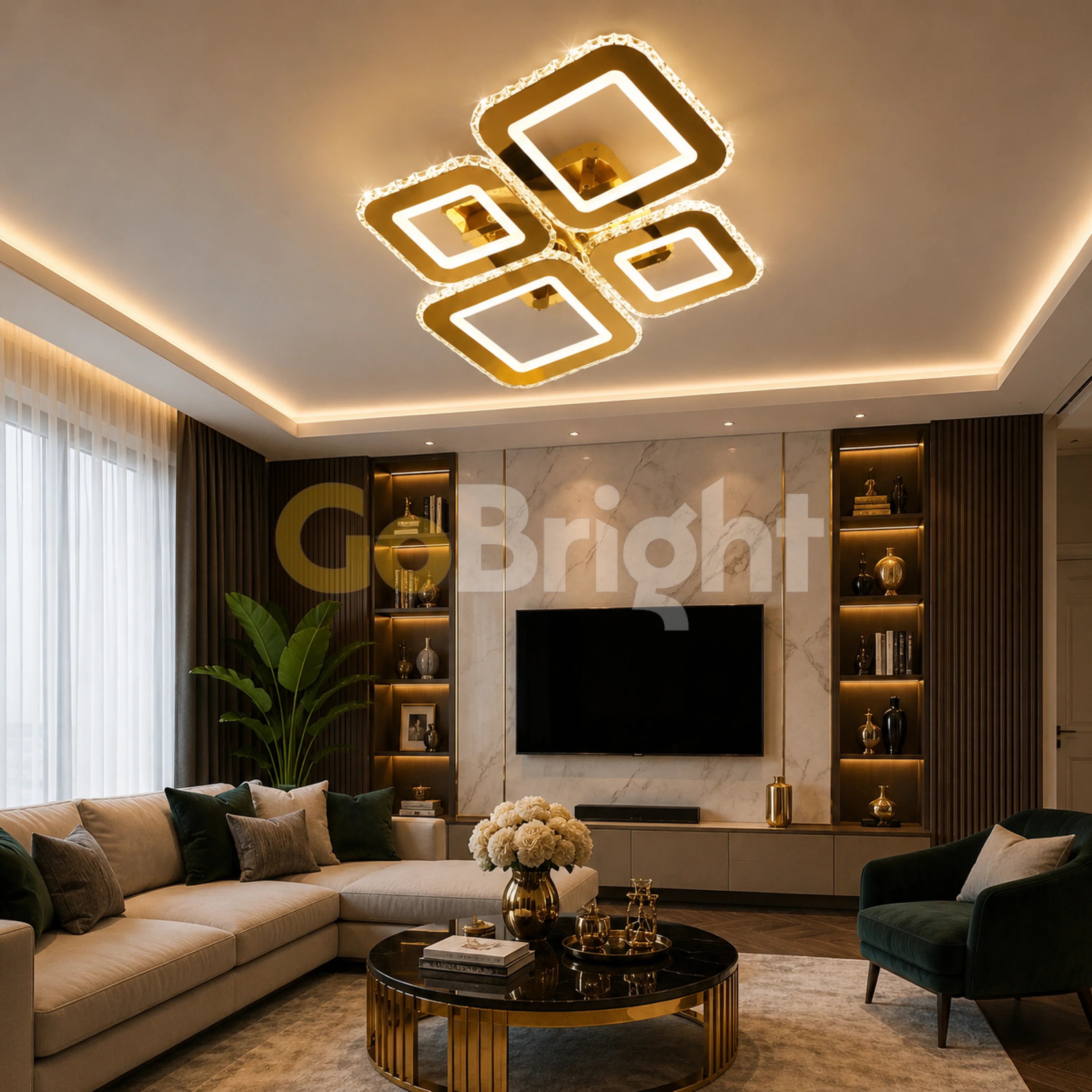 Lustra LED Cristale 160W 3 Tipuri de Lumini Auriu Patrata