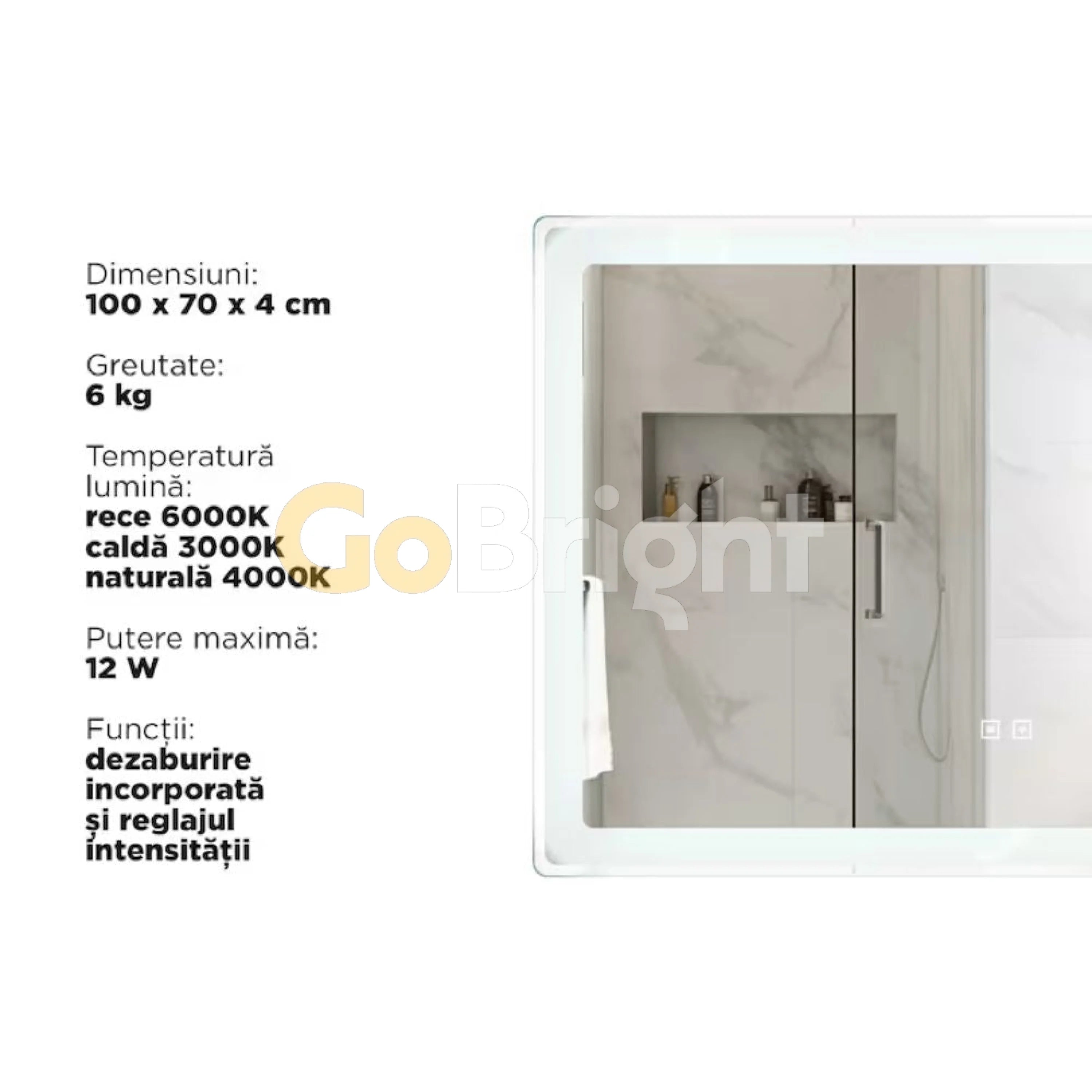 Oglinda baie LED 100x70cm 3 Tipuri de Lumini Buton Touch Dezaburire Intensitate Reglabila