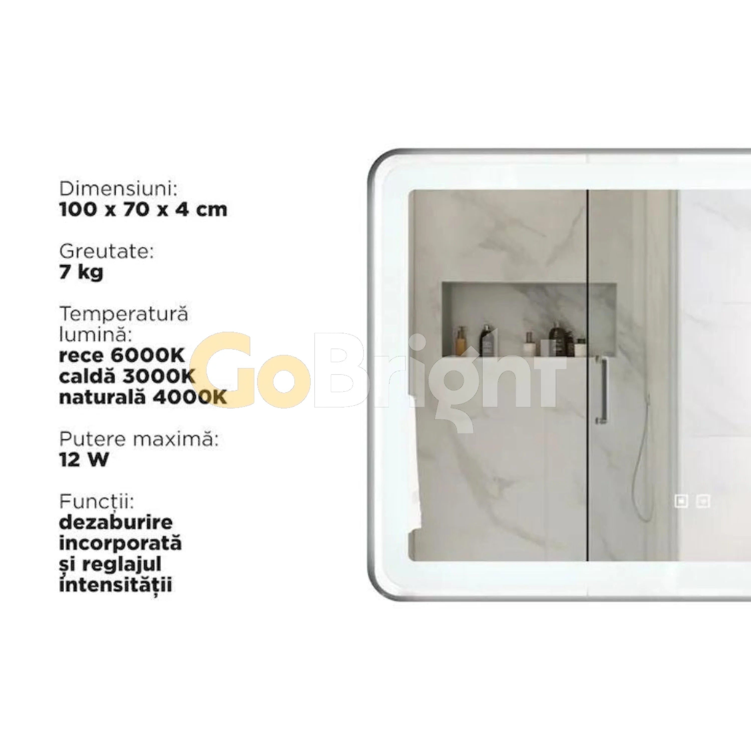 Oglinda baie LED 100x70cm Rama Neagra 3 Tipuri de Lumini Buton Touch Dezaburire Intensitate Reglabila