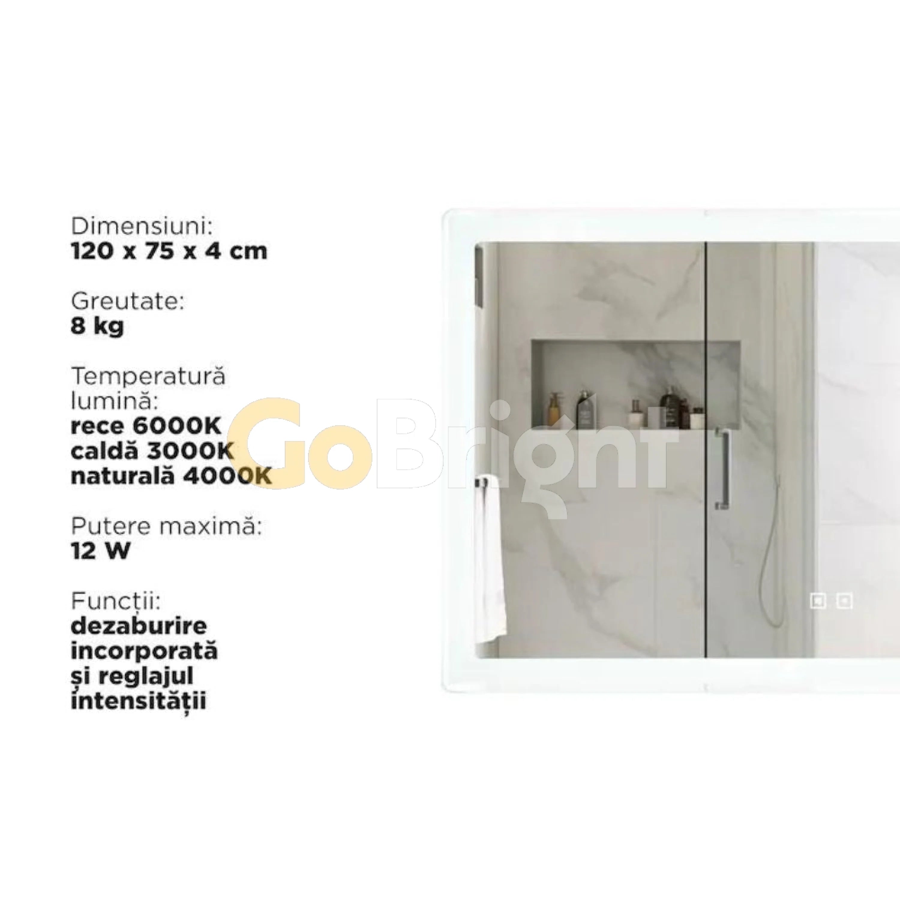 Oglinda baie LED 120x75cm 3 Tipuri de Lumini Buton Touch Dezaburire Intensitate Reglabila