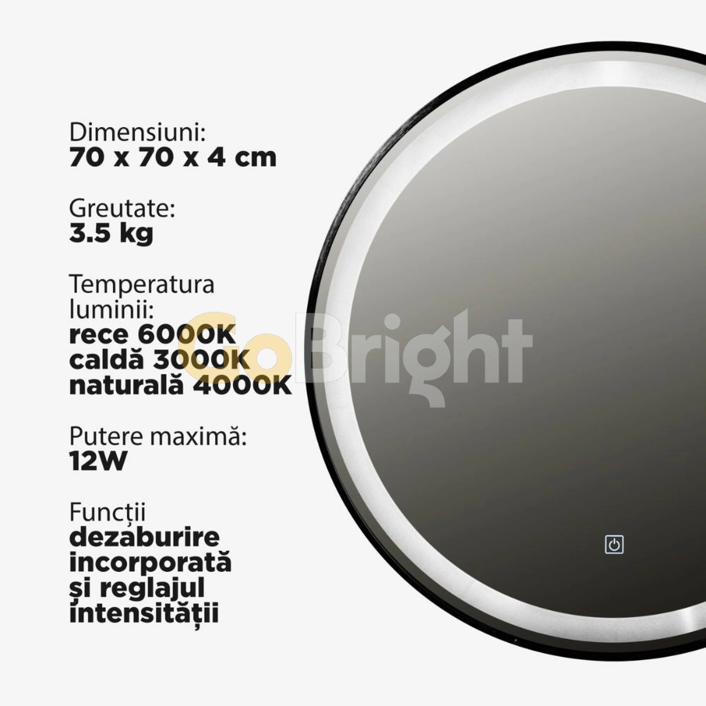 Oglinda LED 70 cm cu rama neagra, 3 tipuri de lumina