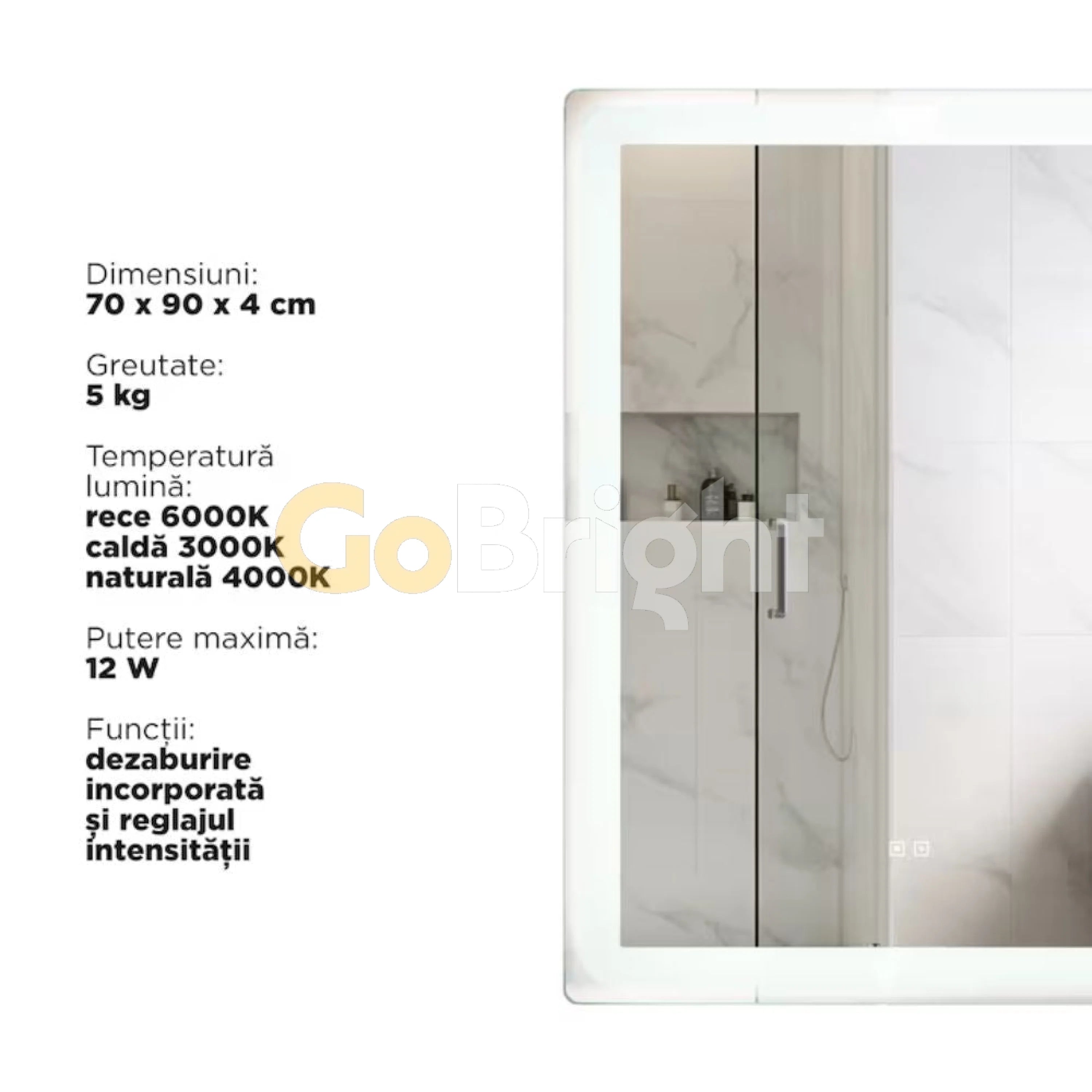 Oglinda baie LED 70x90cm 3 Tipuri de Lumini Buton Touch Intensitate Reglabila Dezaburire