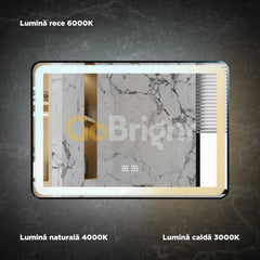 Oglinda baie LED 90x70cm Rama Neagra 3 Tipuri de Lumini Buton Touch Dezaburire Intensitate Reglabila
