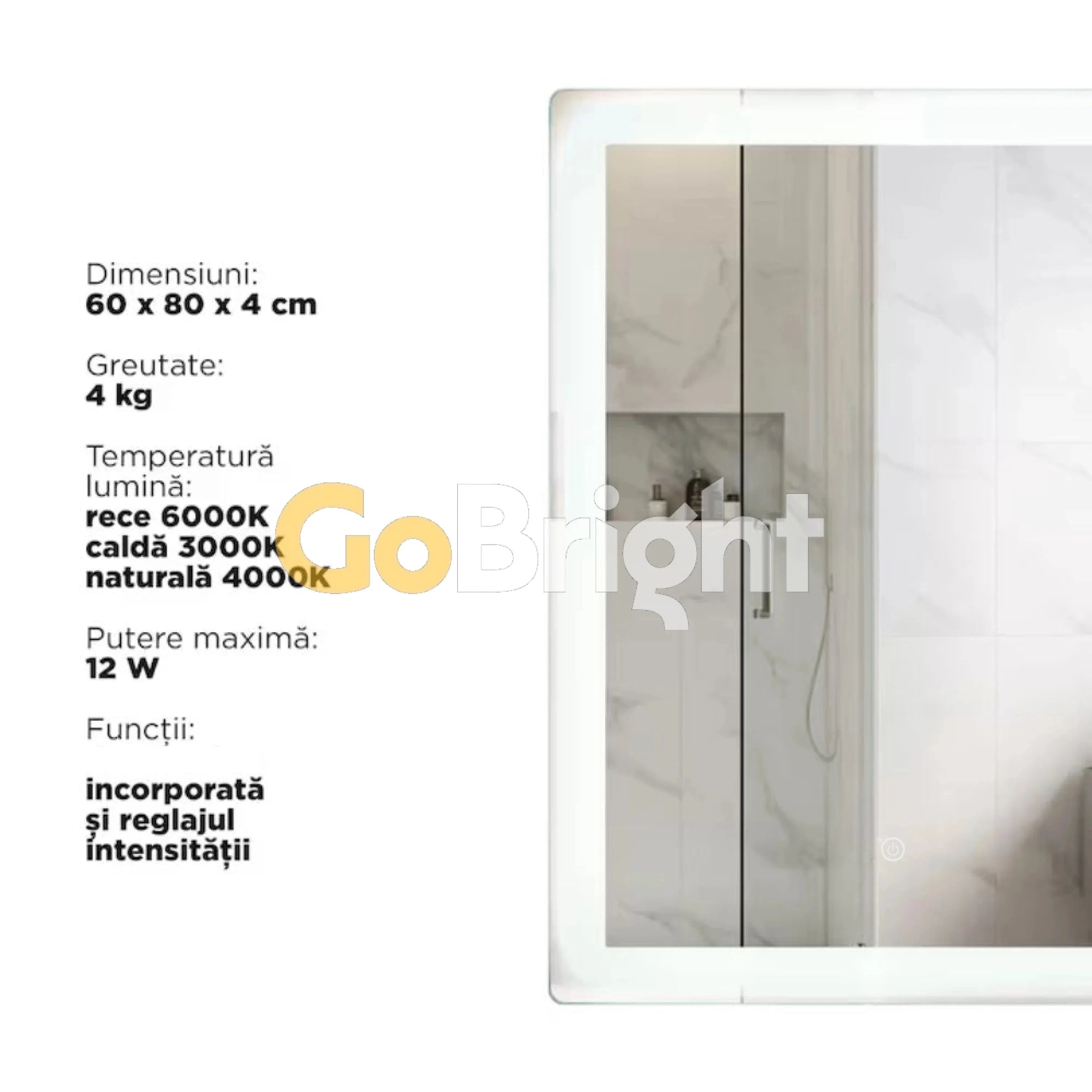 Oglinda LED 60x80cm 3 Tipuri de Lumini Buton Touch Intensitate Reglabila