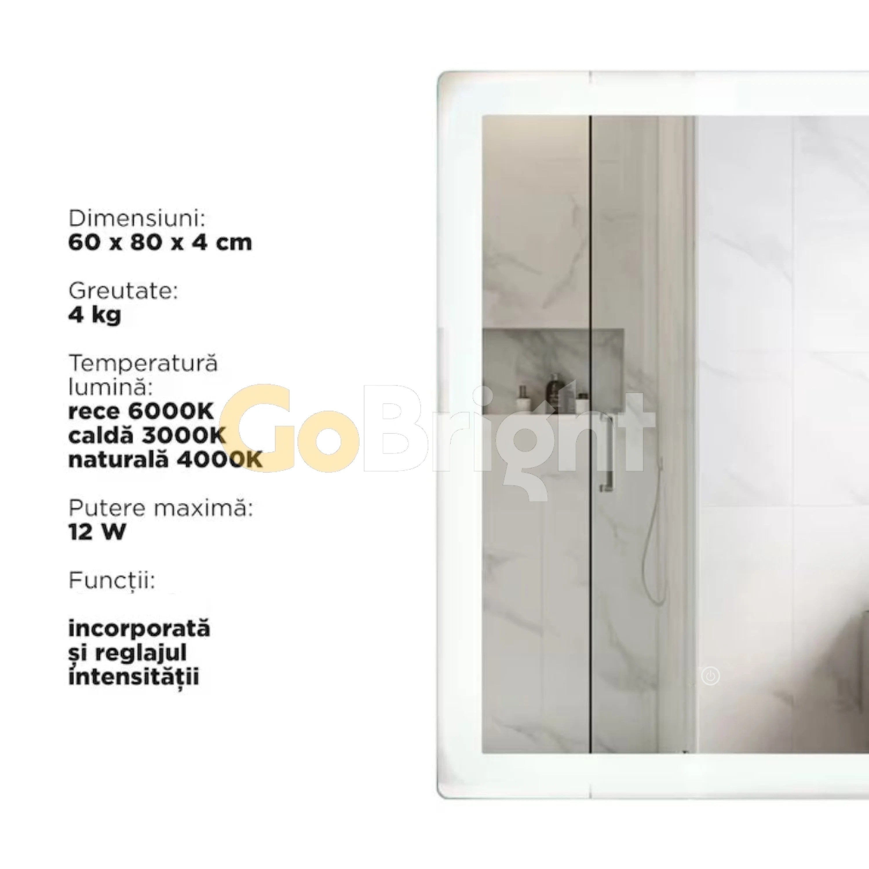 Oglinda LED 60x80cm 3 Tipuri de Lumini Buton Touch Intensitate Reglabila