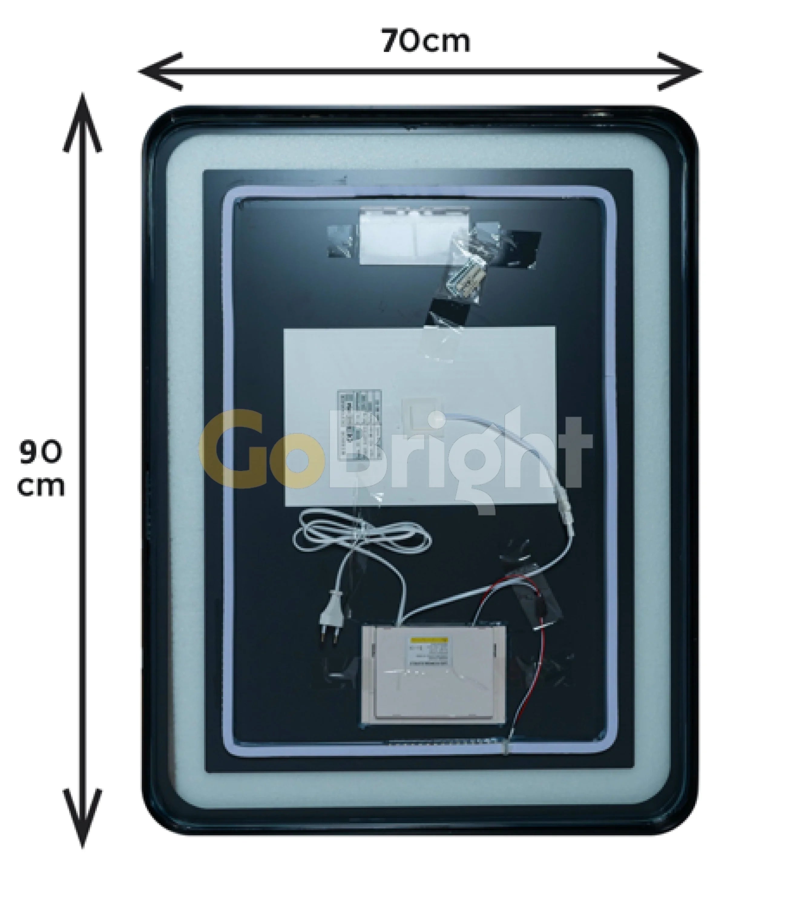 Oglinda LED 70x90cm 3 Tipuri de Lumini Rama Neagra Buton Touch Dezaburire Intensitate Reglabila