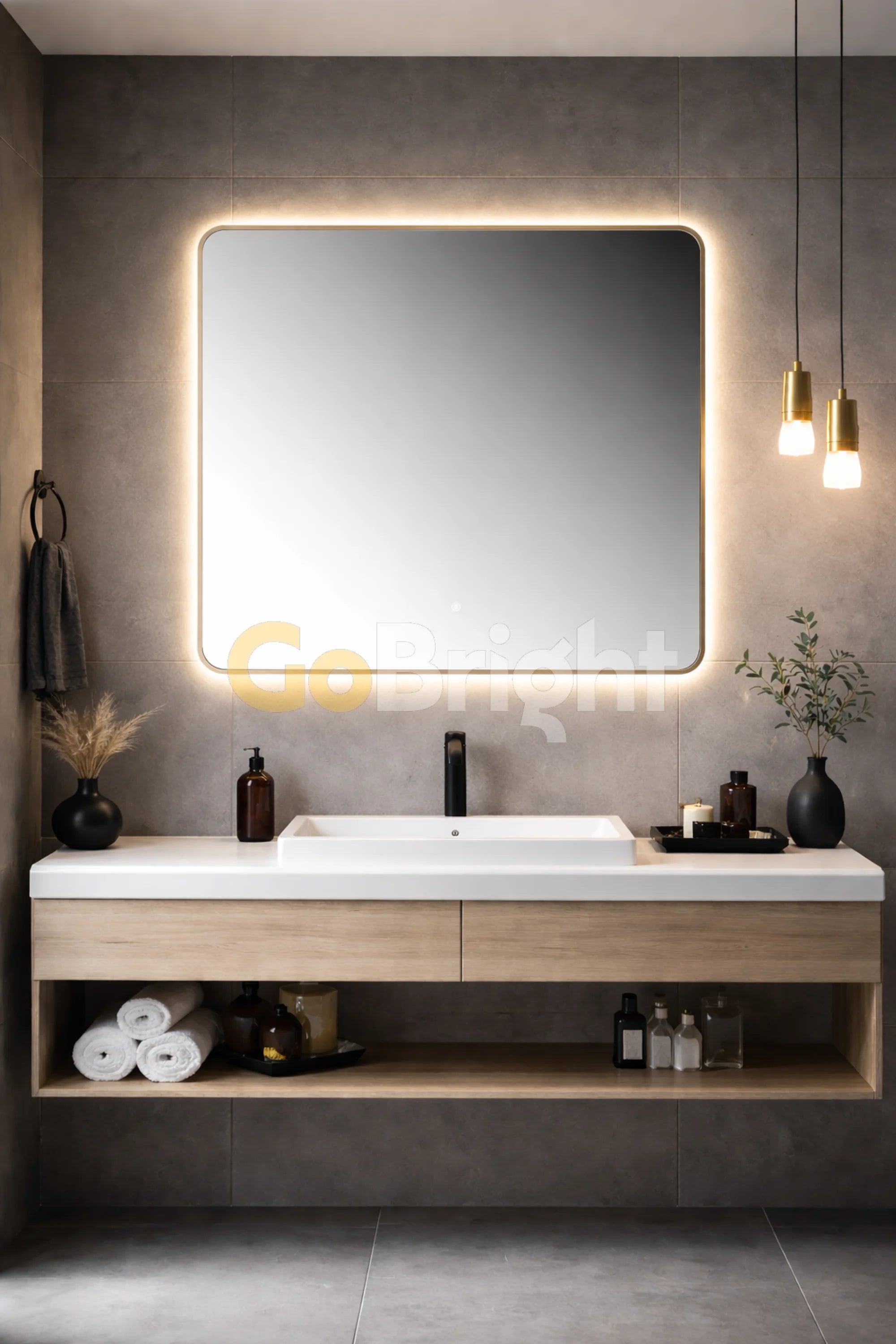 Oglinda LED Premium 80x80cm Rama Aurie Touch 3 Culori Luminoase