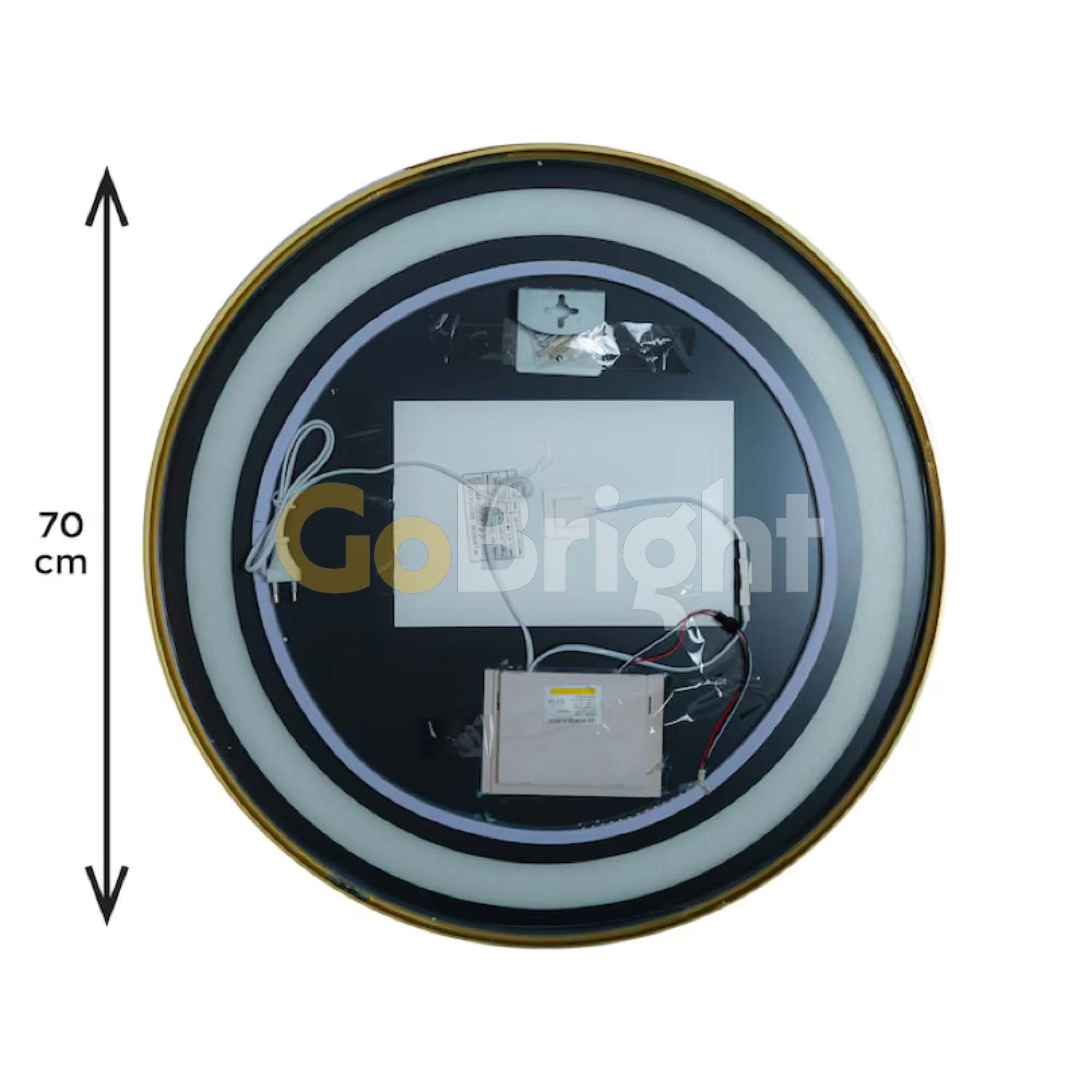Oglinda LED Rotunda 70cm Rama Aurie 3 Tipuri de Lumini Buton Touch Dezaburire Intensitate Reglabila