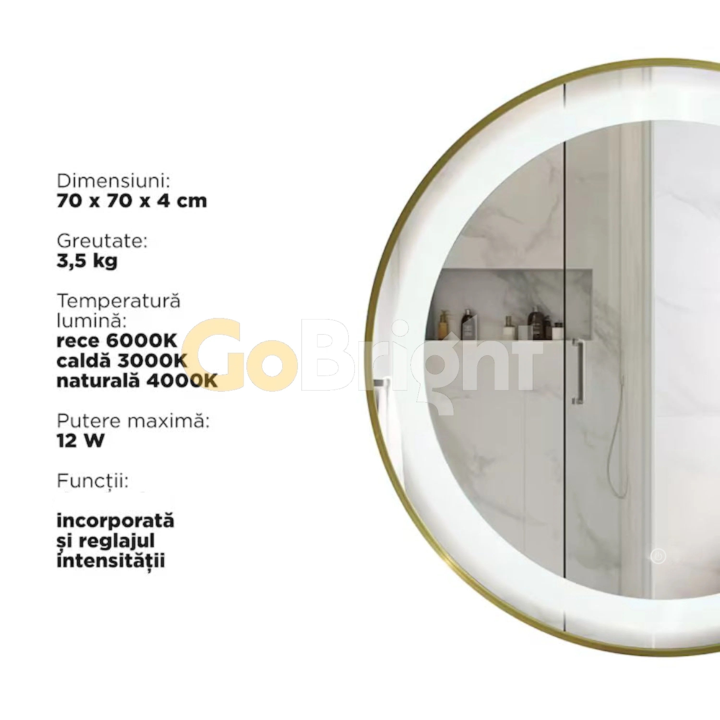 Oglinda LED Rotunda 70cm Rama Aurie 3 Tipuri de Lumini Buton Touch Intensitate Reglabila