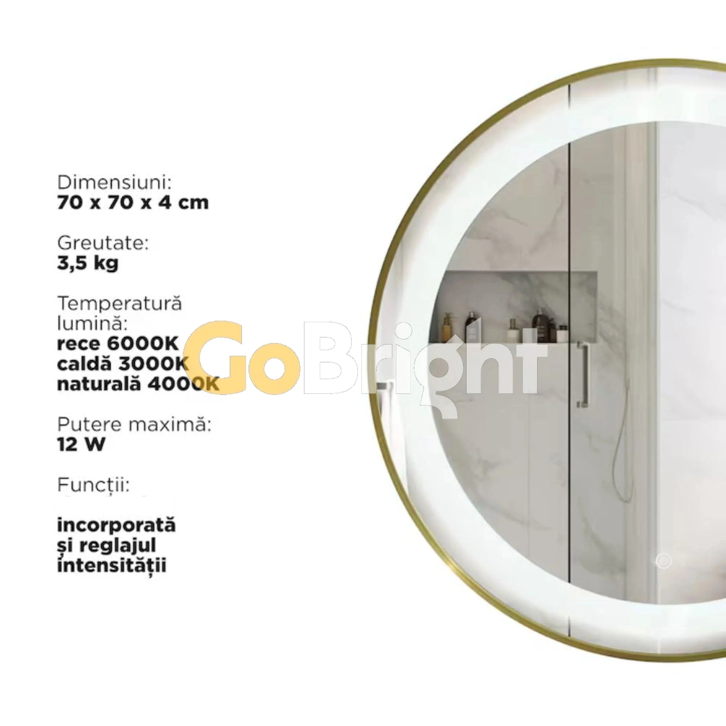 Oglinda LED Rotunda 70cm Rama Aurie 3 Tipuri de Lumini Buton Touch Intensitate Reglabila