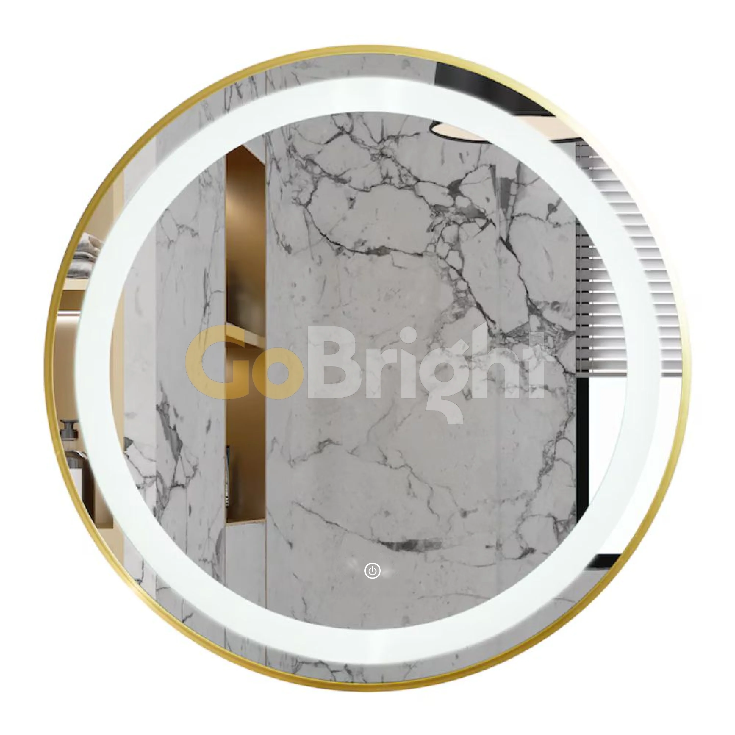 Oglinda LED Rotunda 90cm Rama Aurie 3 Tipuri de Lumini Buton Touch Dezaburire Intensitate Reglabila