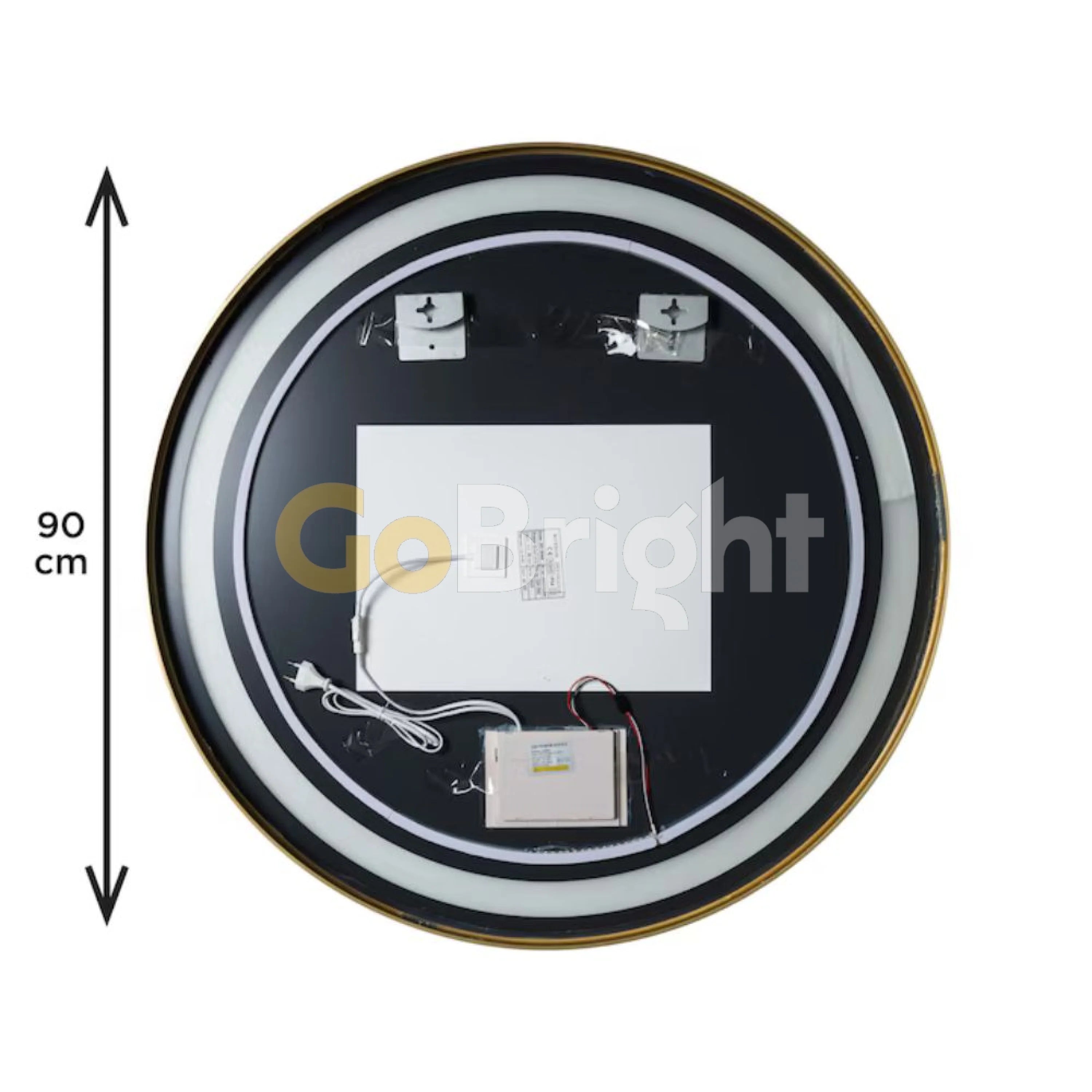Oglinda LED Rotunda 90cm Rama Aurie 3 Tipuri de Lumini Buton Touch Dezaburire Intensitate Reglabila
