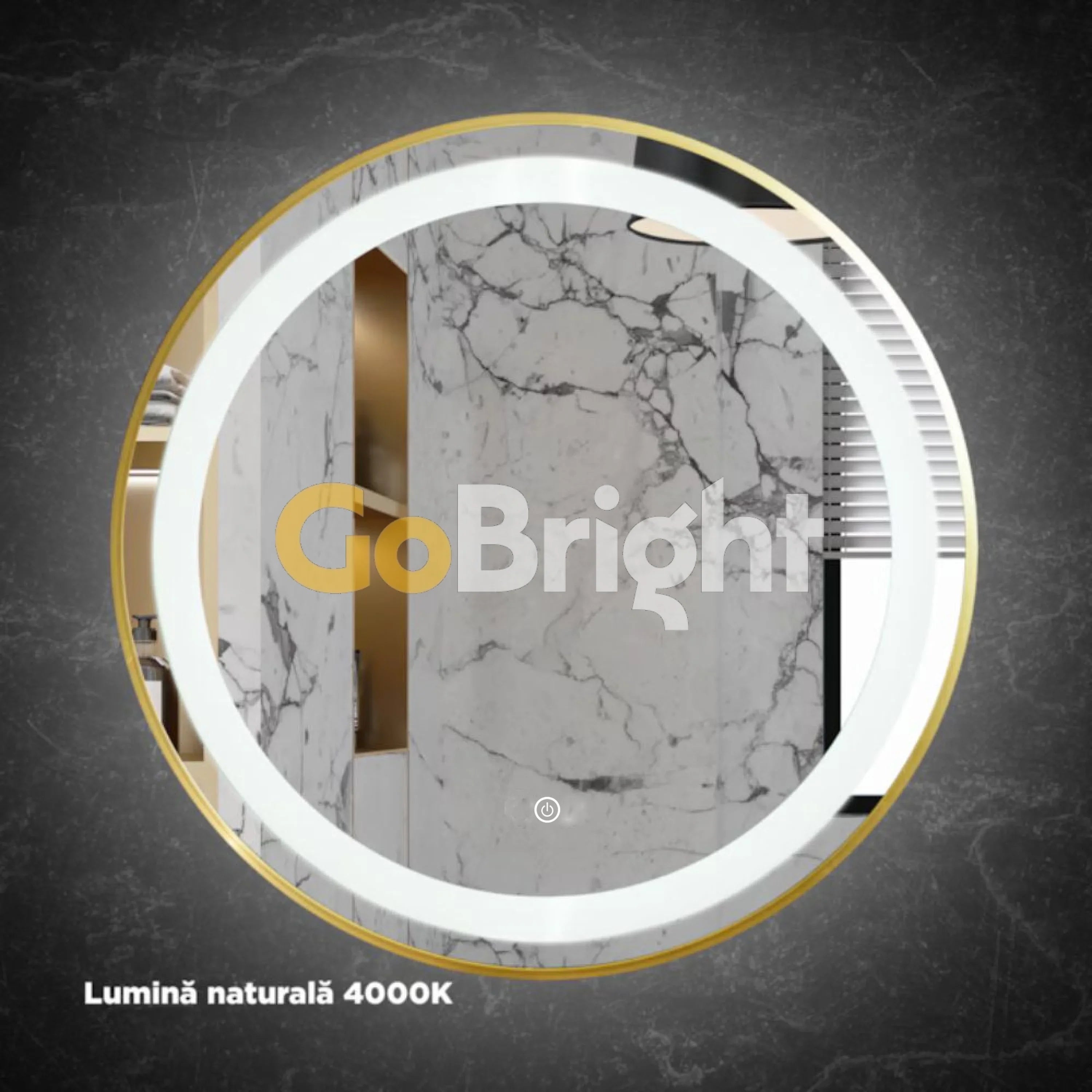 Oglinda LED Rotunda 90cm Rama Aurie 3 Tipuri de Lumini Buton Touch Dezaburire Intensitate Reglabila