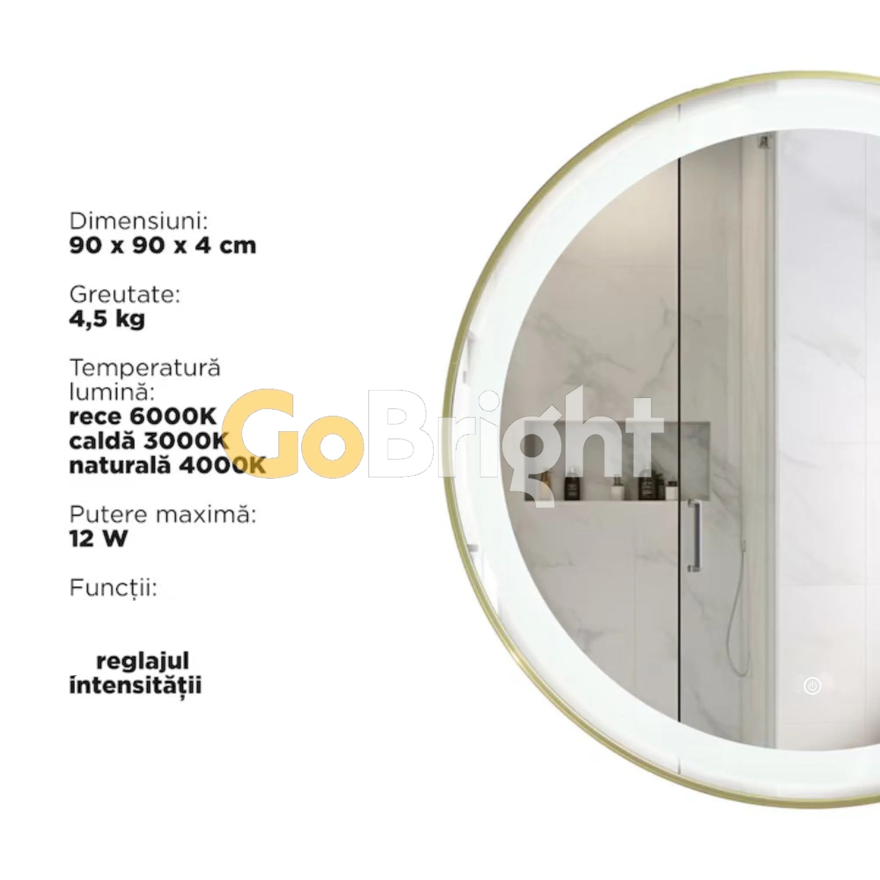 Oglinda LED Rotunda 90cm Rama Aurie 3 Tipuri de Lumini Buton Touch Dezaburire Intensitate Reglabila