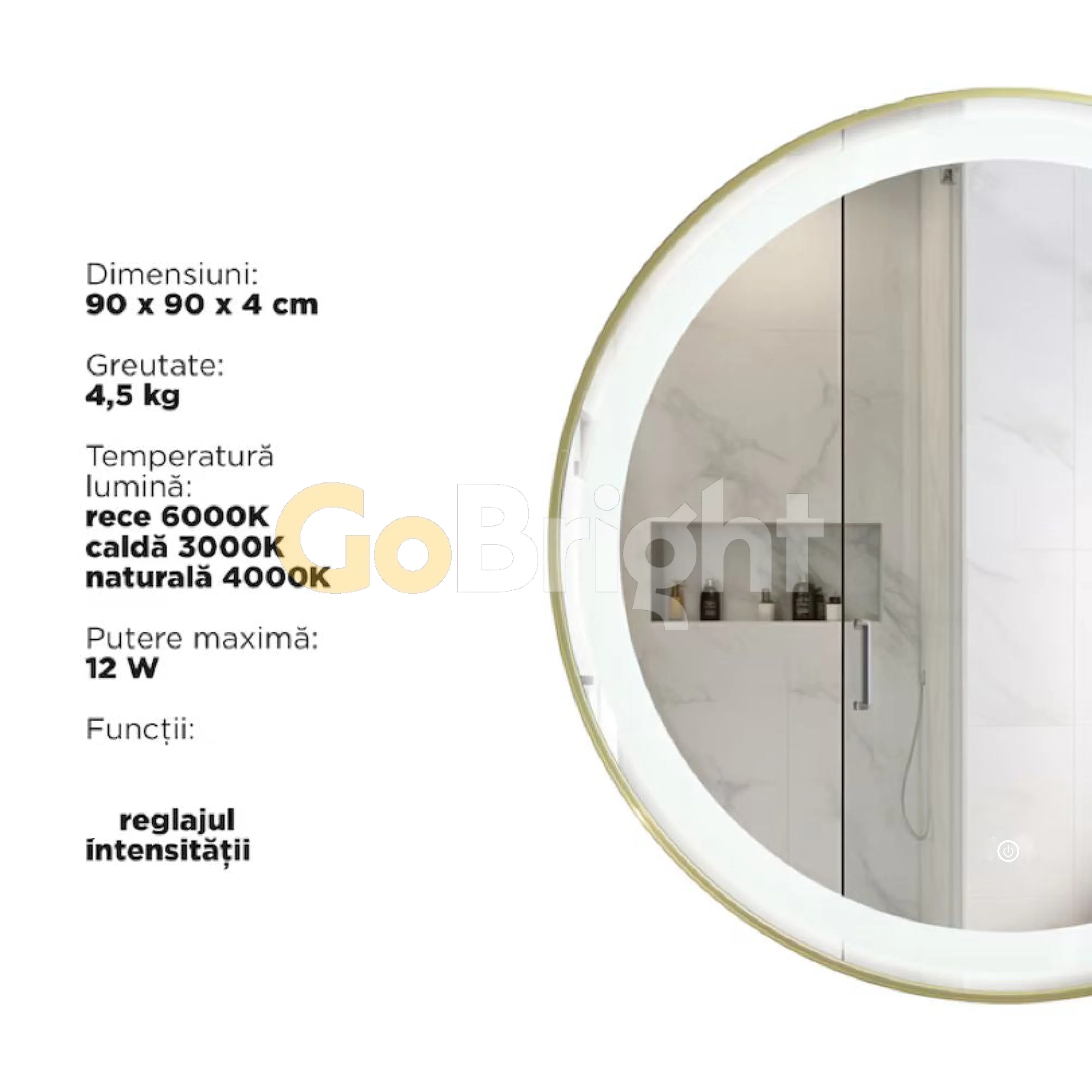 Oglinda LED Rotunda 90cm Rama Aurie 3 Tipuri de Lumini Buton Touch Dezaburire Intensitate Reglabila