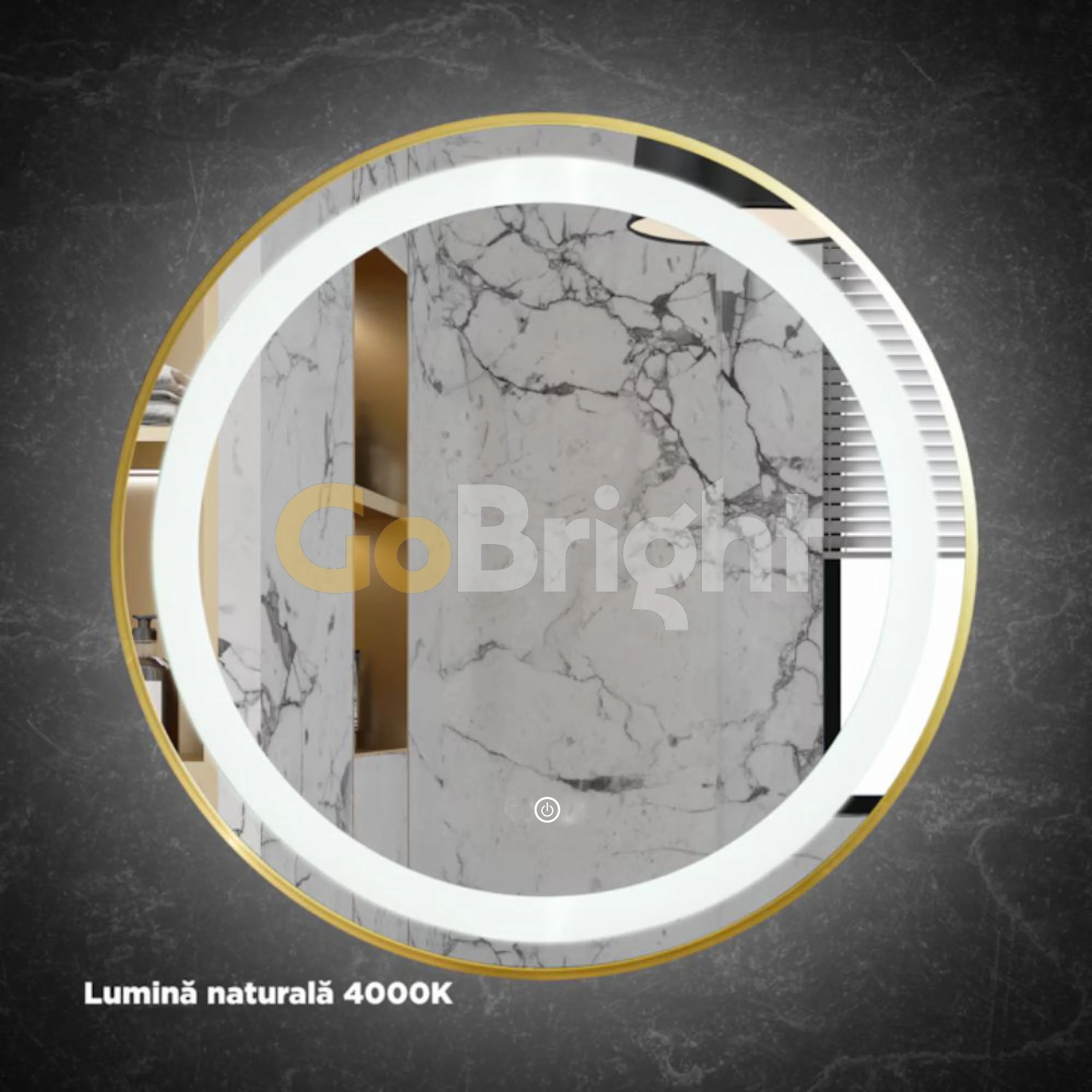 Oglinda LED Rotunda 90cm Rama Aurie 3 Tipuri de Lumini Buton Touch Dezaburire Intensitate Reglabila