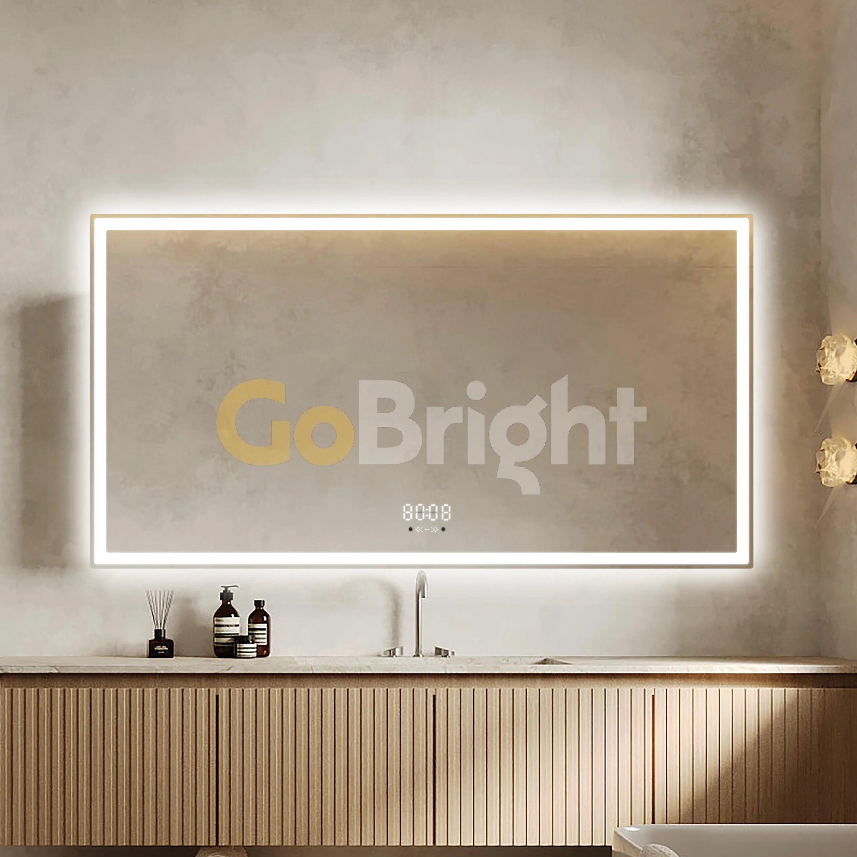 Oglinda LED Smart 150x80cm Senzor Miscare Dezaburire 3 Culori Luminoase Afisaj Ceas & Temperatura – Sticla Premium 5 mm