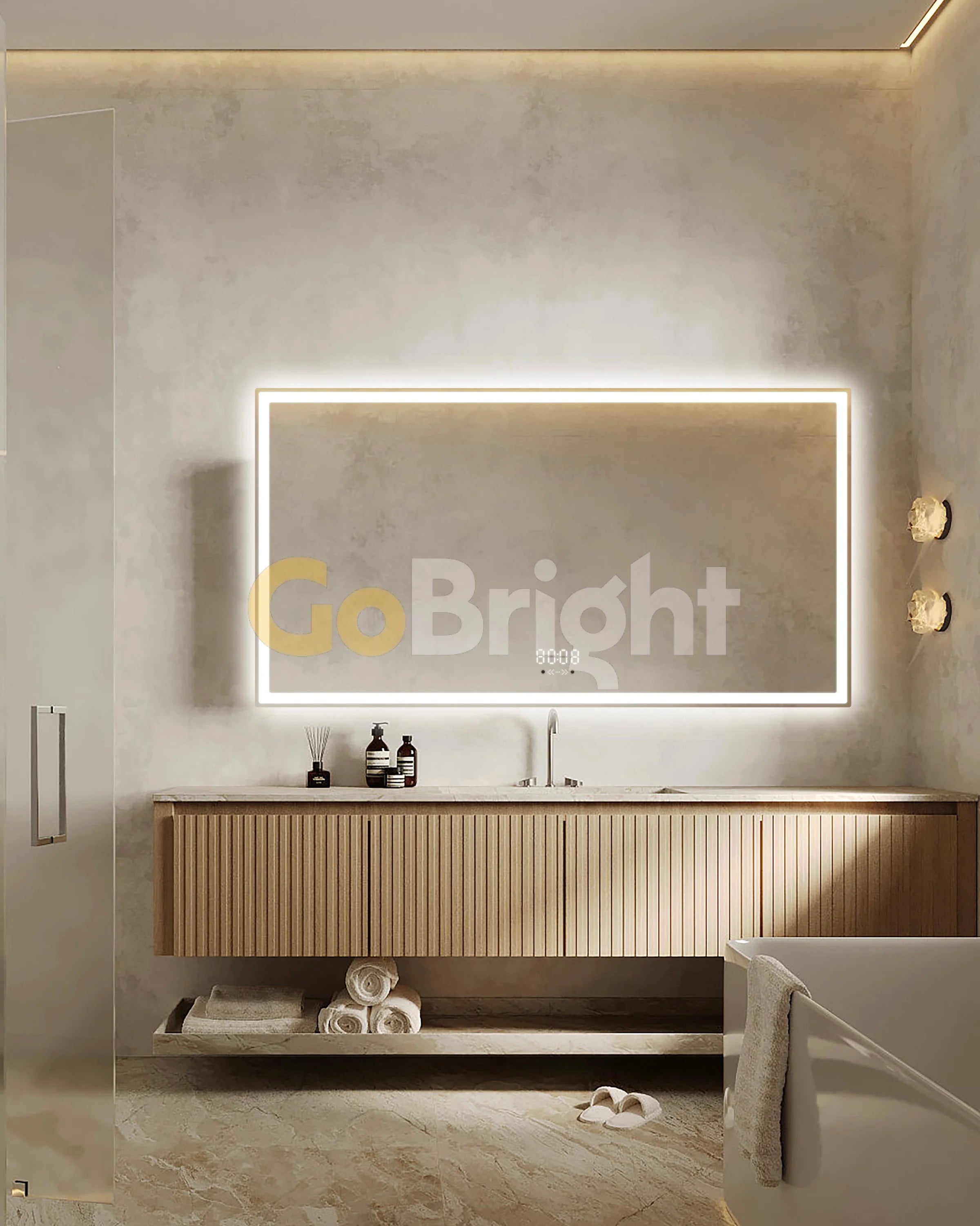 Oglinda LED Smart 150x80cm Senzor Miscare Dezaburire 3 Culori Luminoase Afisaj Ceas & Temperatura – Sticla Premium 5 mm