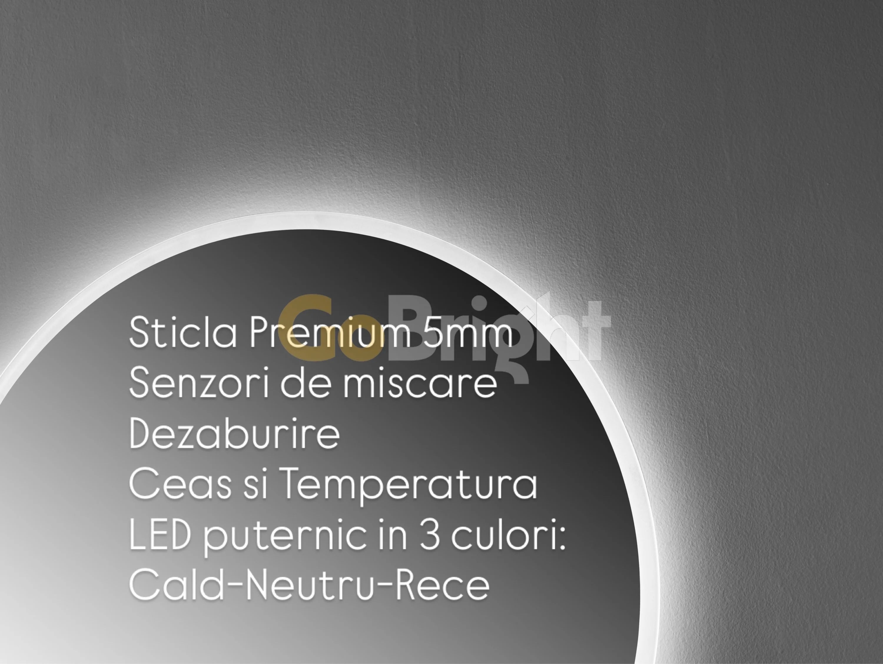 Oglinda LED Smart 60cm Senzor Miscare Dezaburire 3 Culori Luminoase Afisaj Ceas & Temperatura – Sticla Premium 5 mm
