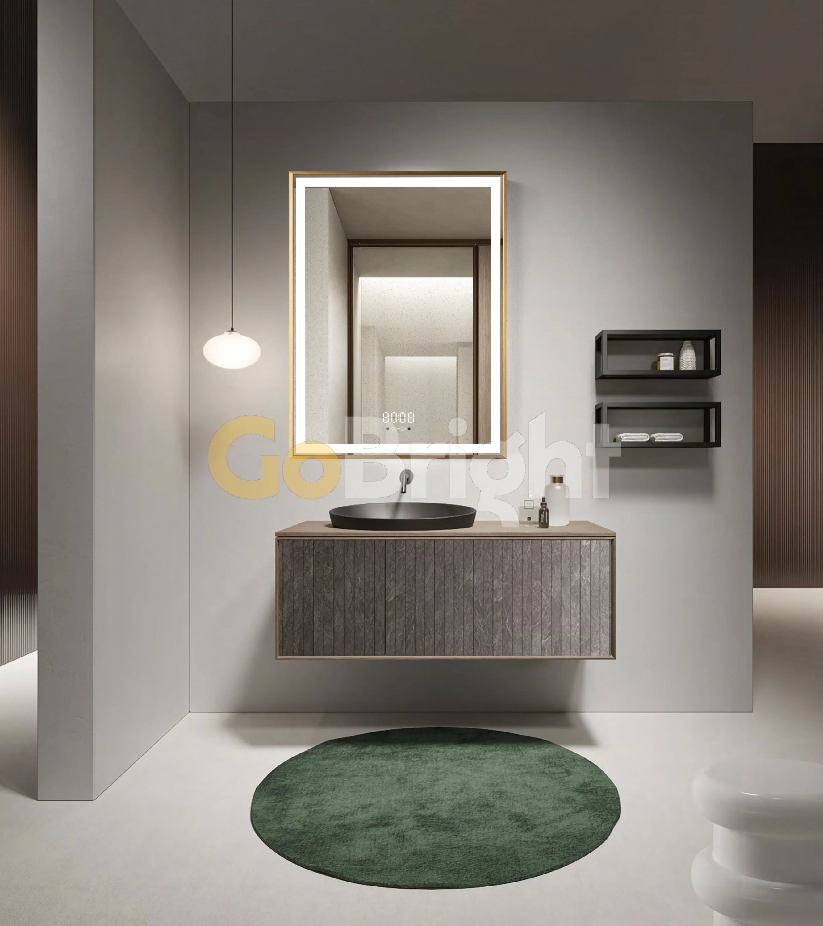 Oglinda LED Smart 60x80cm Auriu Senzor Miscare Dezaburire 3 Culori Luminoase Afisaj Ceas & Temperatura – Sticla Premium