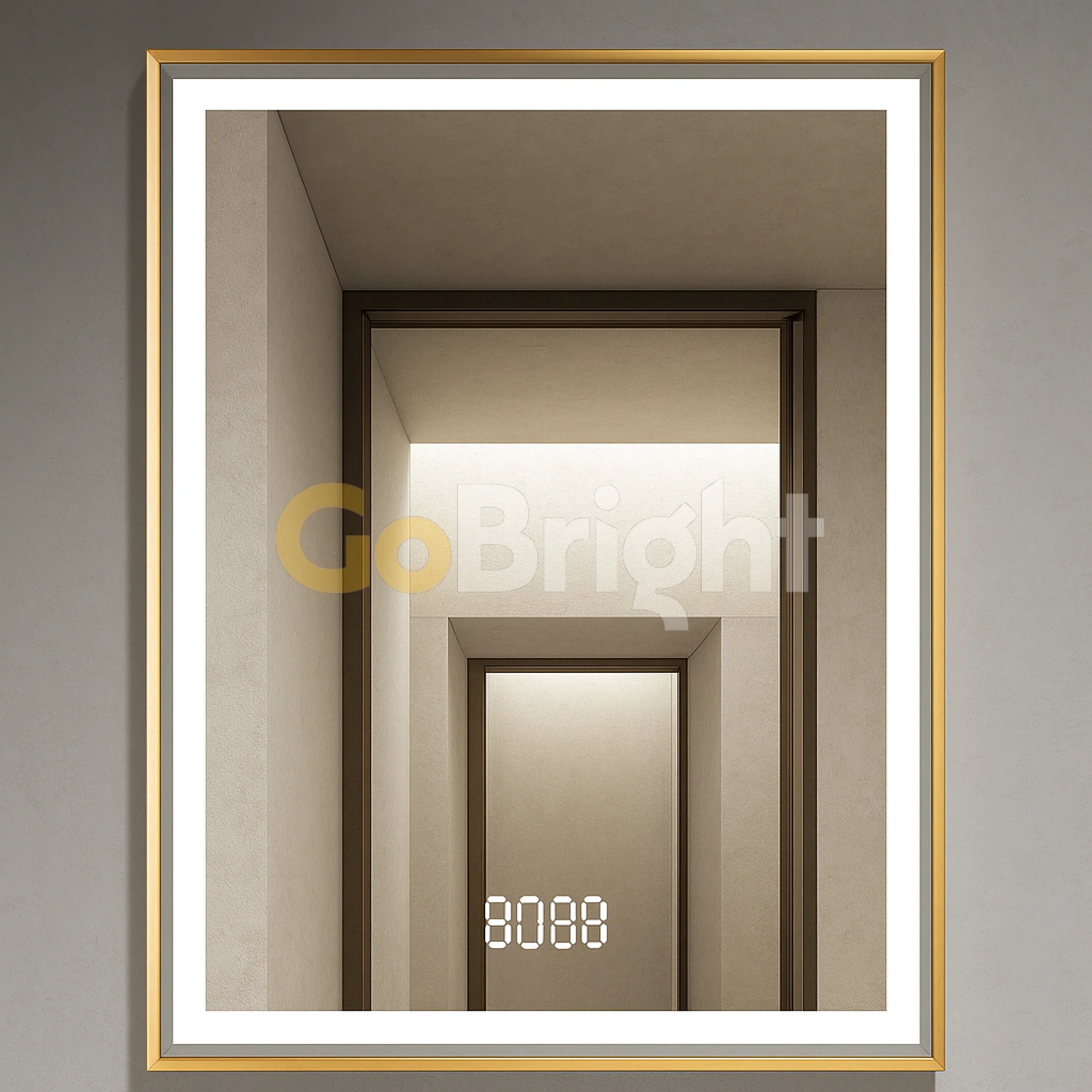 Oglinda LED Smart 60x80cm Auriu Senzor Miscare Dezaburire 3 Culori Luminoase Afisaj Ceas & Temperatura – Sticla Premium