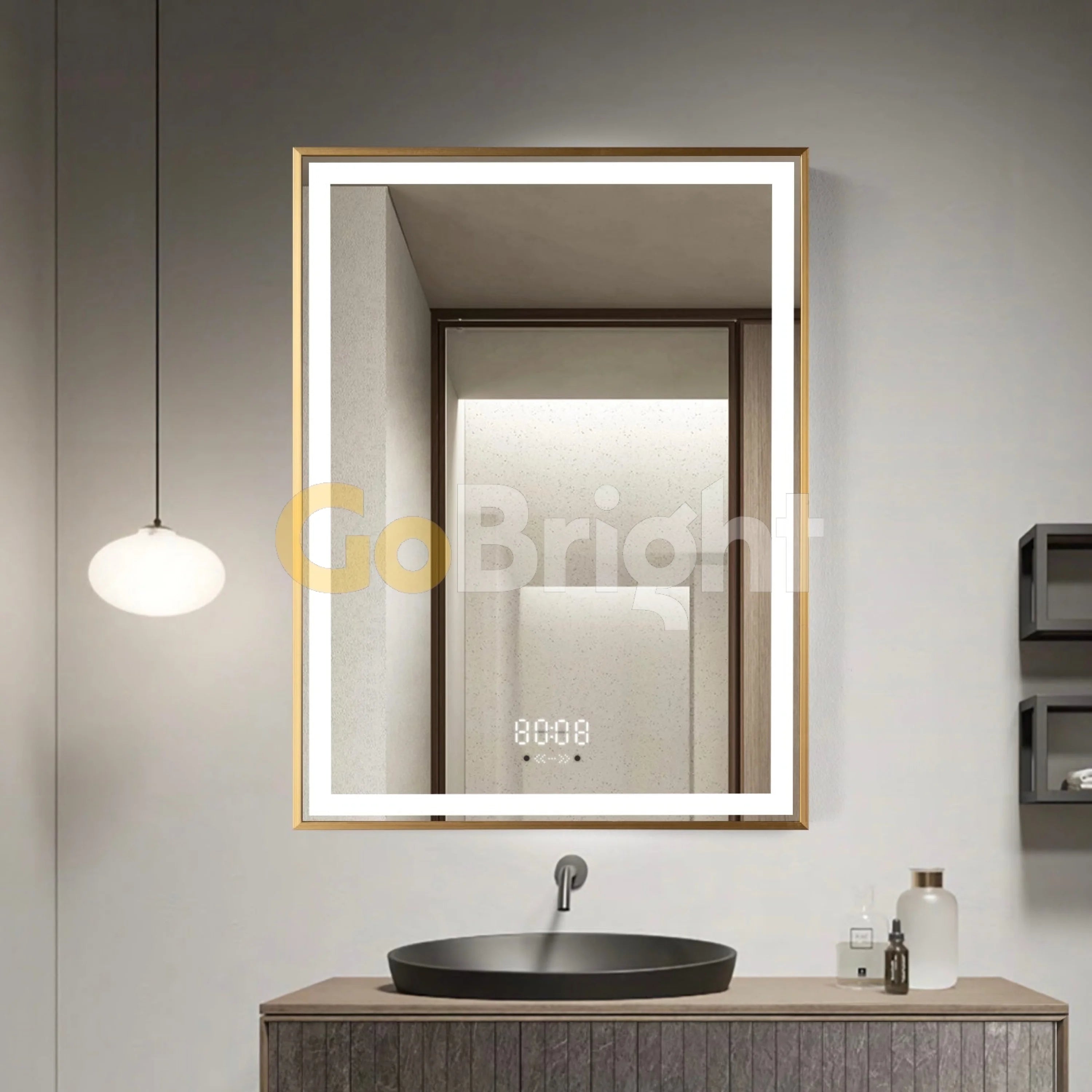 Oglinda LED Smart 60x80cm Auriu Senzor Miscare Dezaburire 3 Culori Luminoase Afisaj Ceas & Temperatura – Sticla Premium