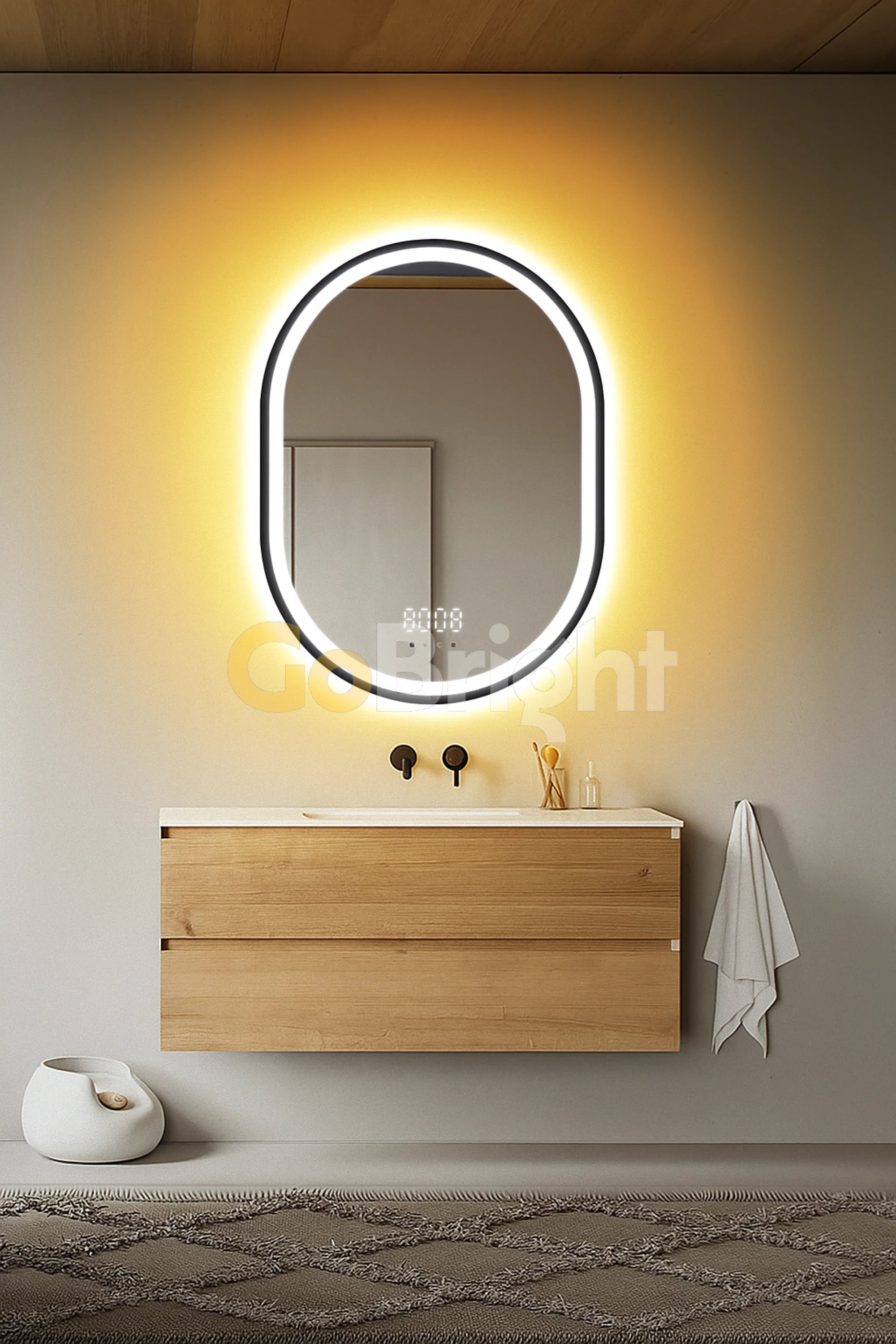 Oglinda LED Smart 60x80cm Senzor Miscare Dezaburire 3 Culori Luminoase Afisaj Ceas & Temperatura – Sticla Premium 5 mm