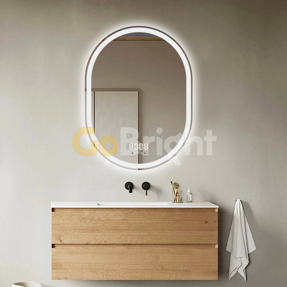 Oglinda LED Smart 60x80cm Senzor Miscare Dezaburire 3 Culori Luminoase Afisaj Ceas & Temperatura – Sticla Premium 5 mm