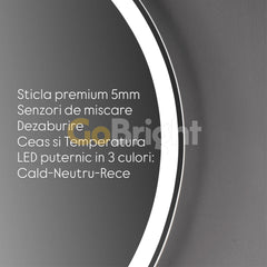 Oglinda LED Smart 70cm Senzor Miscare Lupa Dezaburire 3 Culori Luminoase Afisaj Ceas & Temperatura – Sticla Premium 5 mm