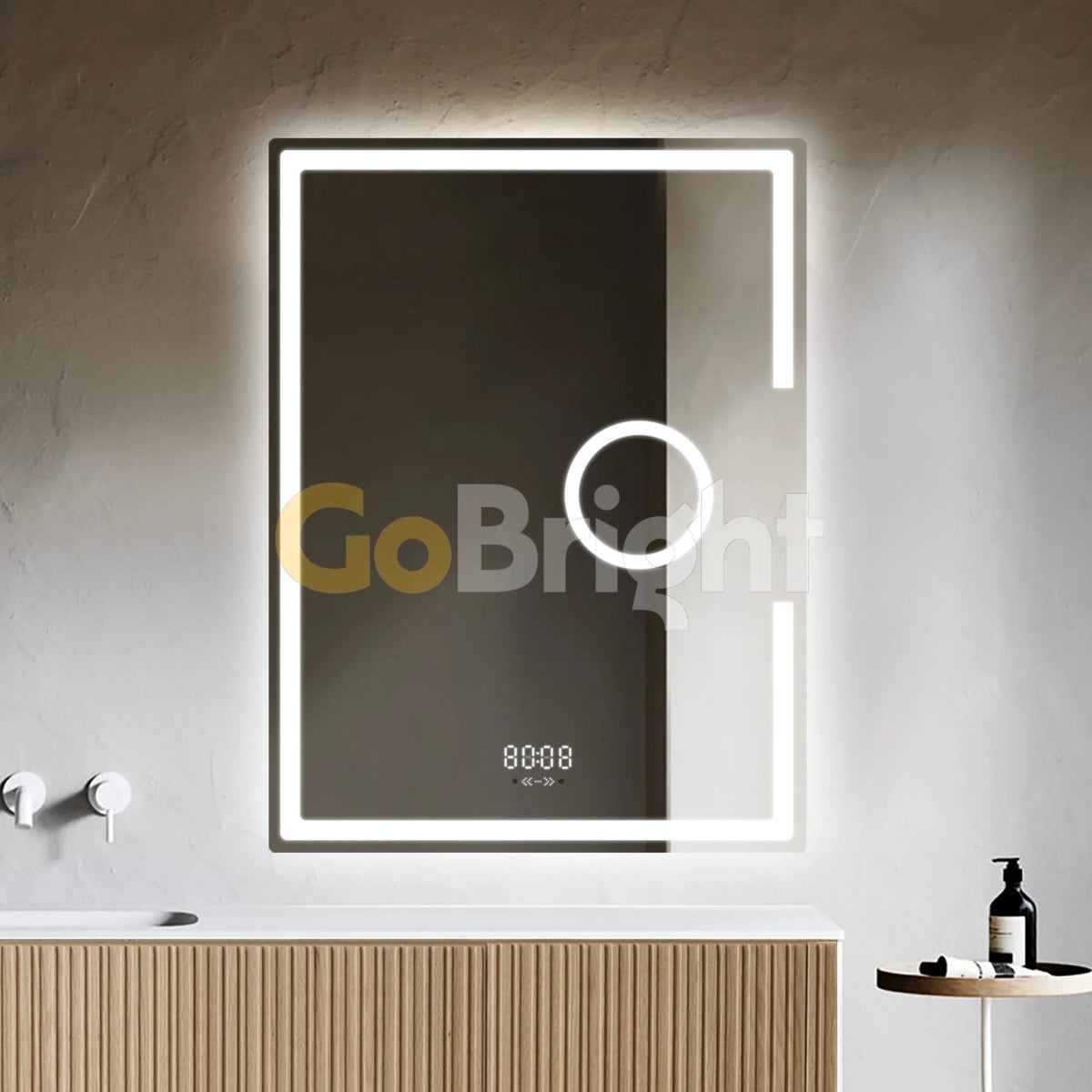 Oglinda LED Smart 60x80cm Senzor Miscare Lupa Dezaburire 3 Culori Luminoase Afisaj Ceas & Temperatura – Sticla Premium