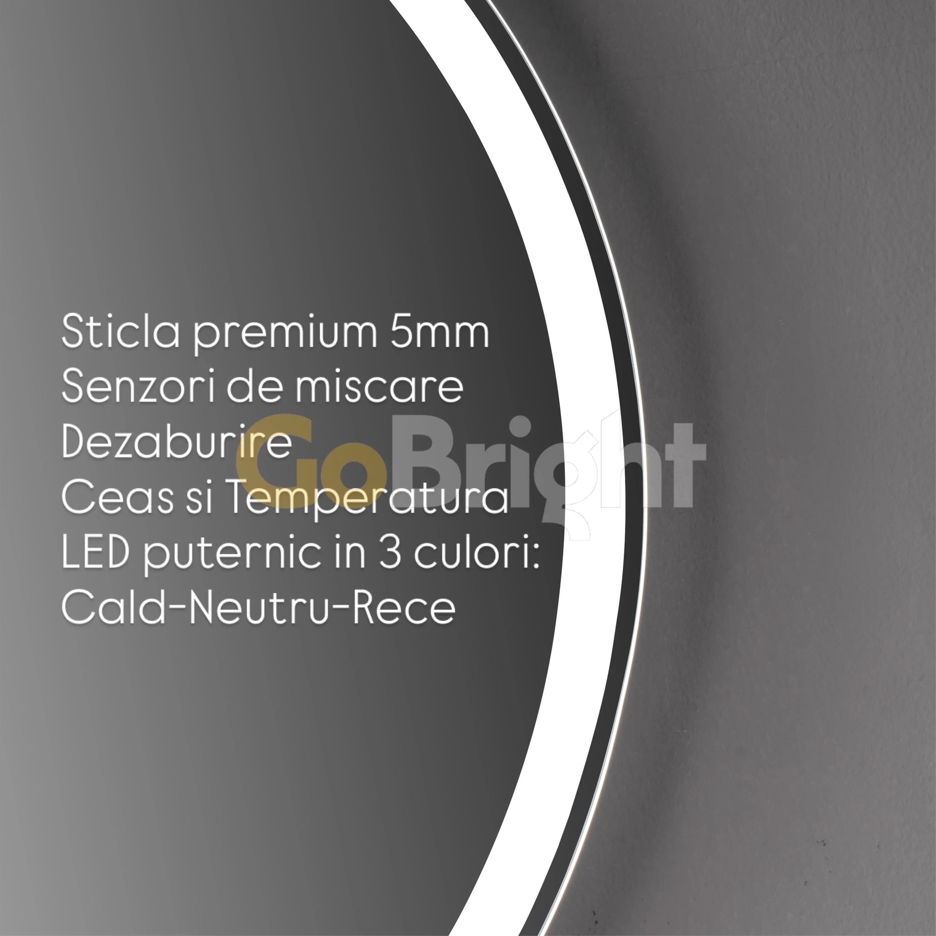 Oglinda LED Smart 70cm Senzor Miscare Lupa Dezaburire 3 Culori Luminoase Afisaj Ceas & Temperatura – Sticla Premium 5 mm