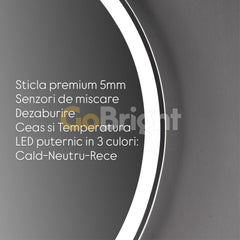 Oglinda LED Smart 70cm Senzor Miscare Lupa Dezaburire 3 Culori Luminoase Afisaj Ceas & Temperatura – Sticla Premium 5 mm
