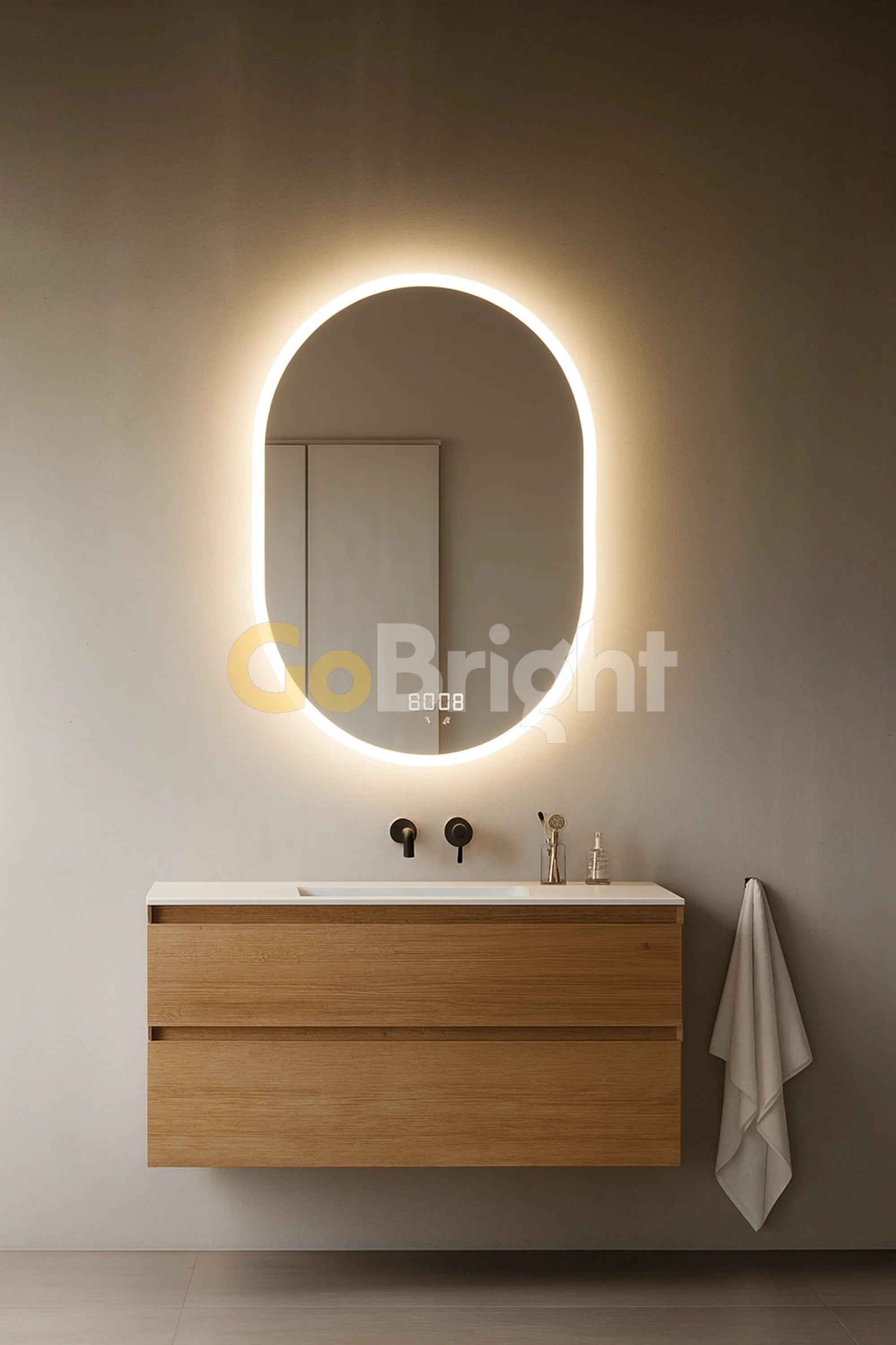 Oglinda LED Smart 70x90cm Senzor Miscare Dezaburire 3 Culori Luminoase Afisaj Ceas & Temperatura – Sticla Premium 5 mm