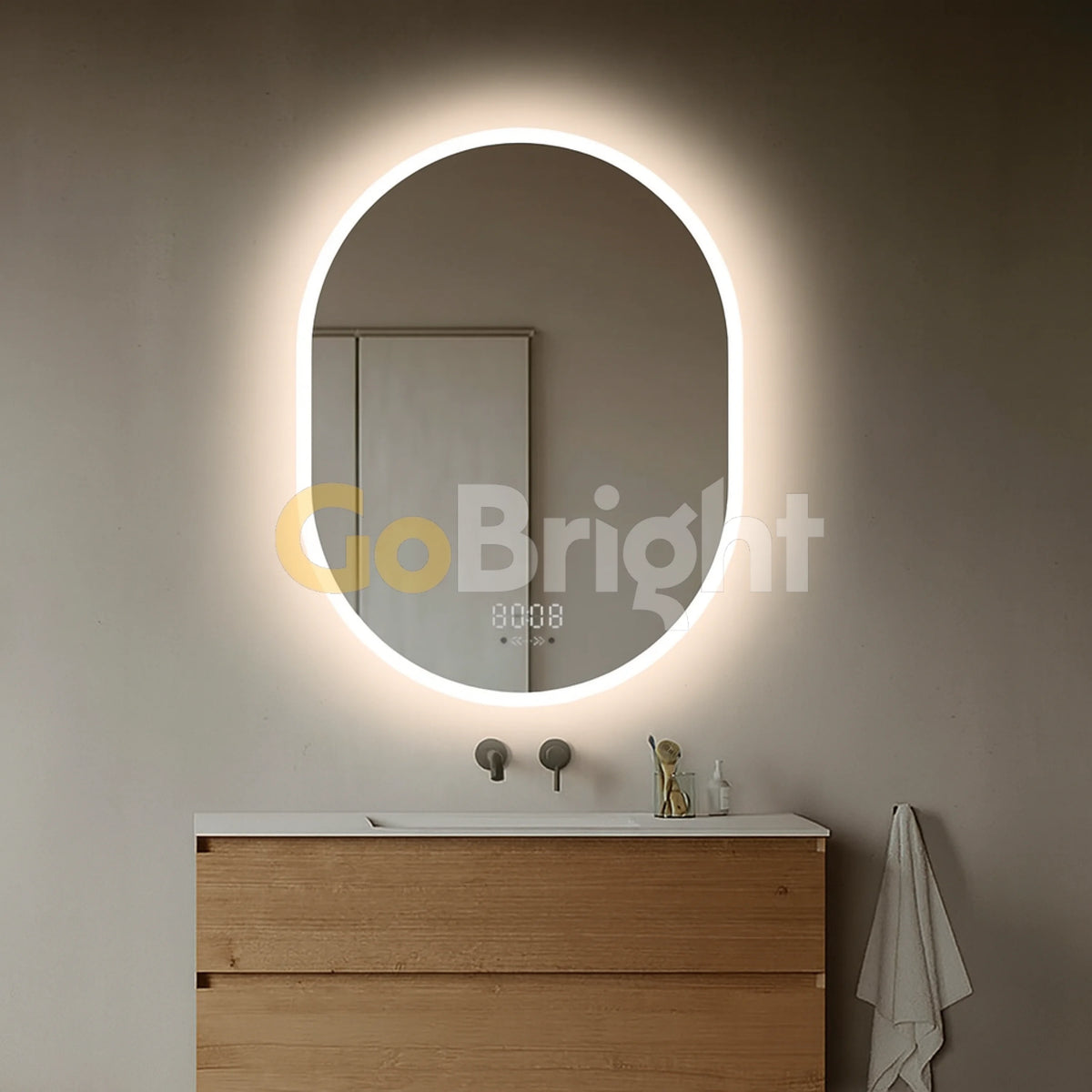 Oglinda LED Smart 70x90cm Senzor Miscare Dezaburire 3 Culori Luminoase Afisaj Ceas & Temperatura – Sticla Premium 5 mm