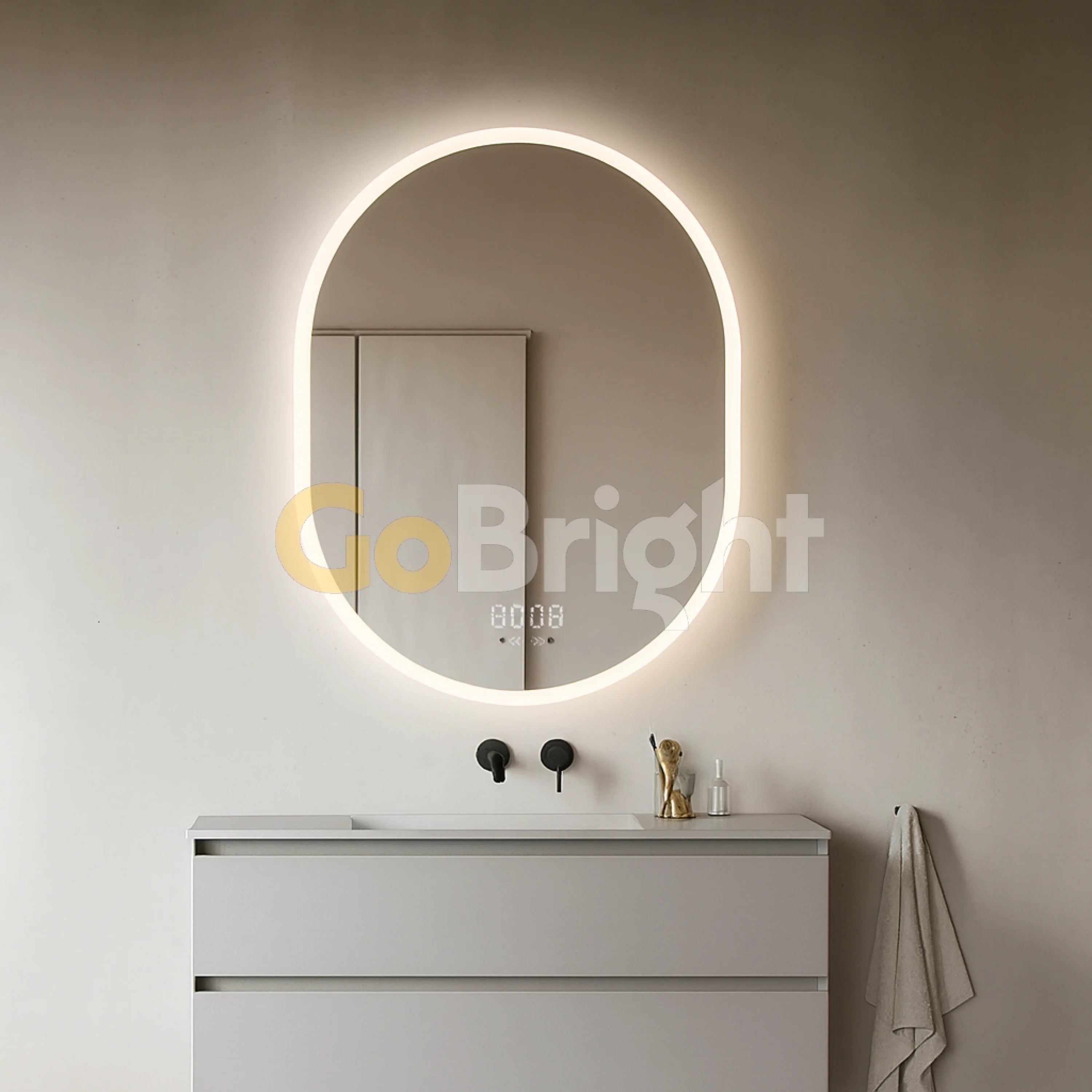 Oglinda LED Smart 70x90cm Senzor Miscare Dezaburire 3 Culori Luminoase Afisaj Ceas & Temperatura – Sticla Premium 5 mm