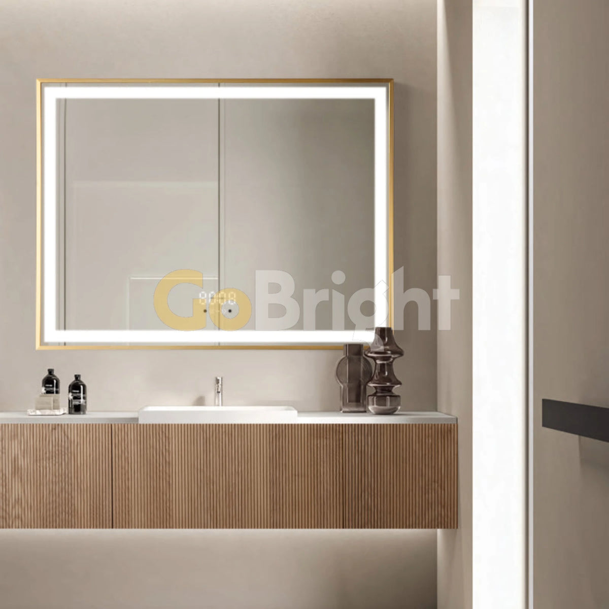 Oglinda LED Smart 80x60cm Auriu Senzor Miscare Dezaburire 3 Culori Luminoase Afisaj Ceas & Temperatura – Sticla Premium