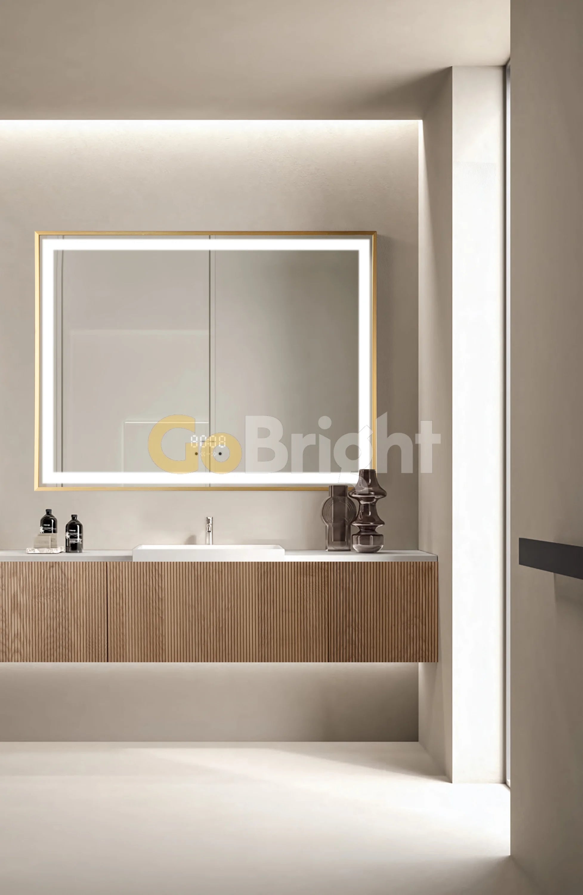 Oglinda LED Smart 80x60cm Auriu Senzor Miscare Dezaburire 3 Culori Luminoase Afisaj Ceas & Temperatura – Sticla Premium