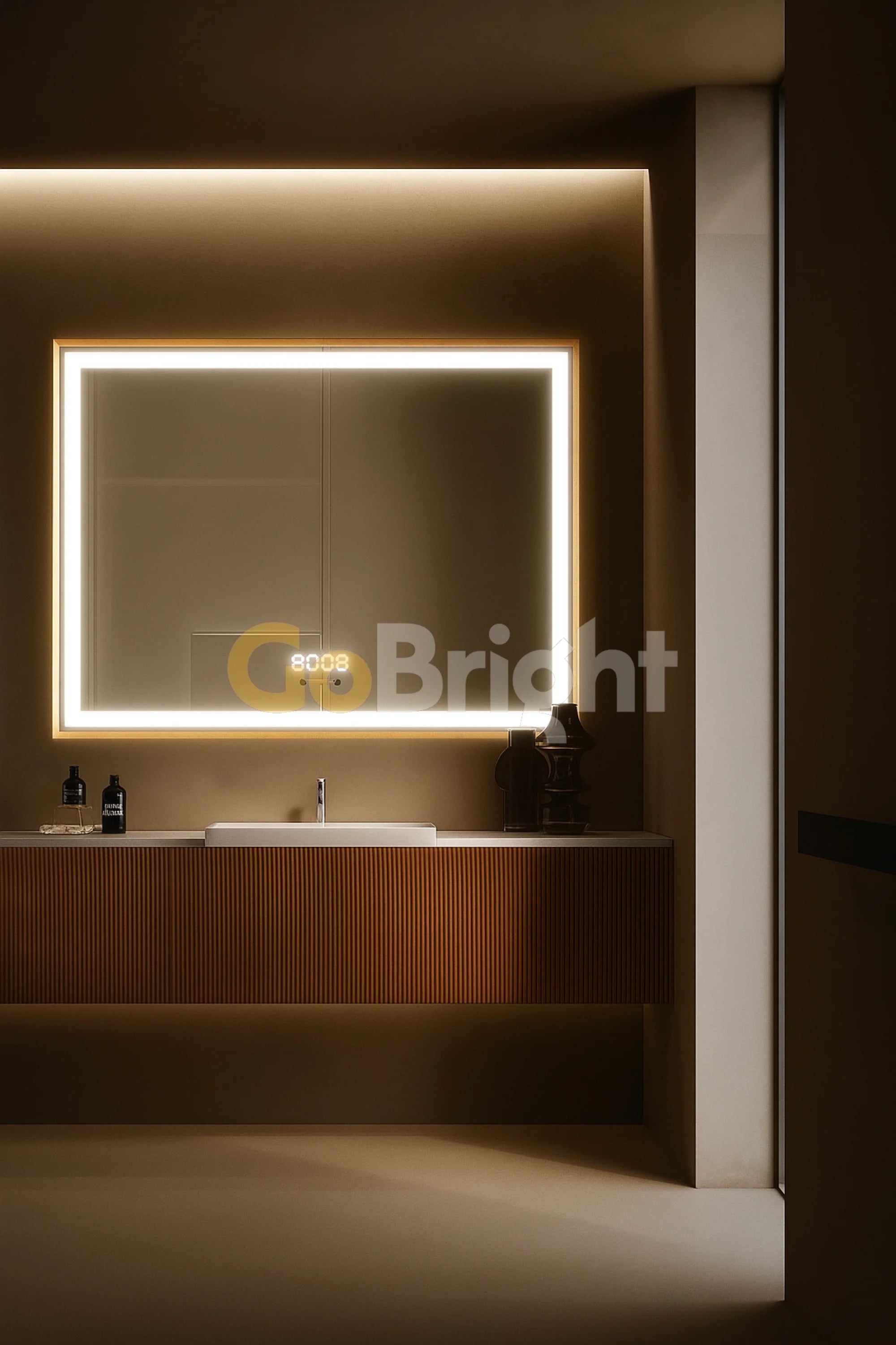 Oglinda LED Smart 80x60cm Auriu Senzor Miscare Dezaburire 3 Culori Luminoase Afisaj Ceas & Temperatura – Sticla Premium