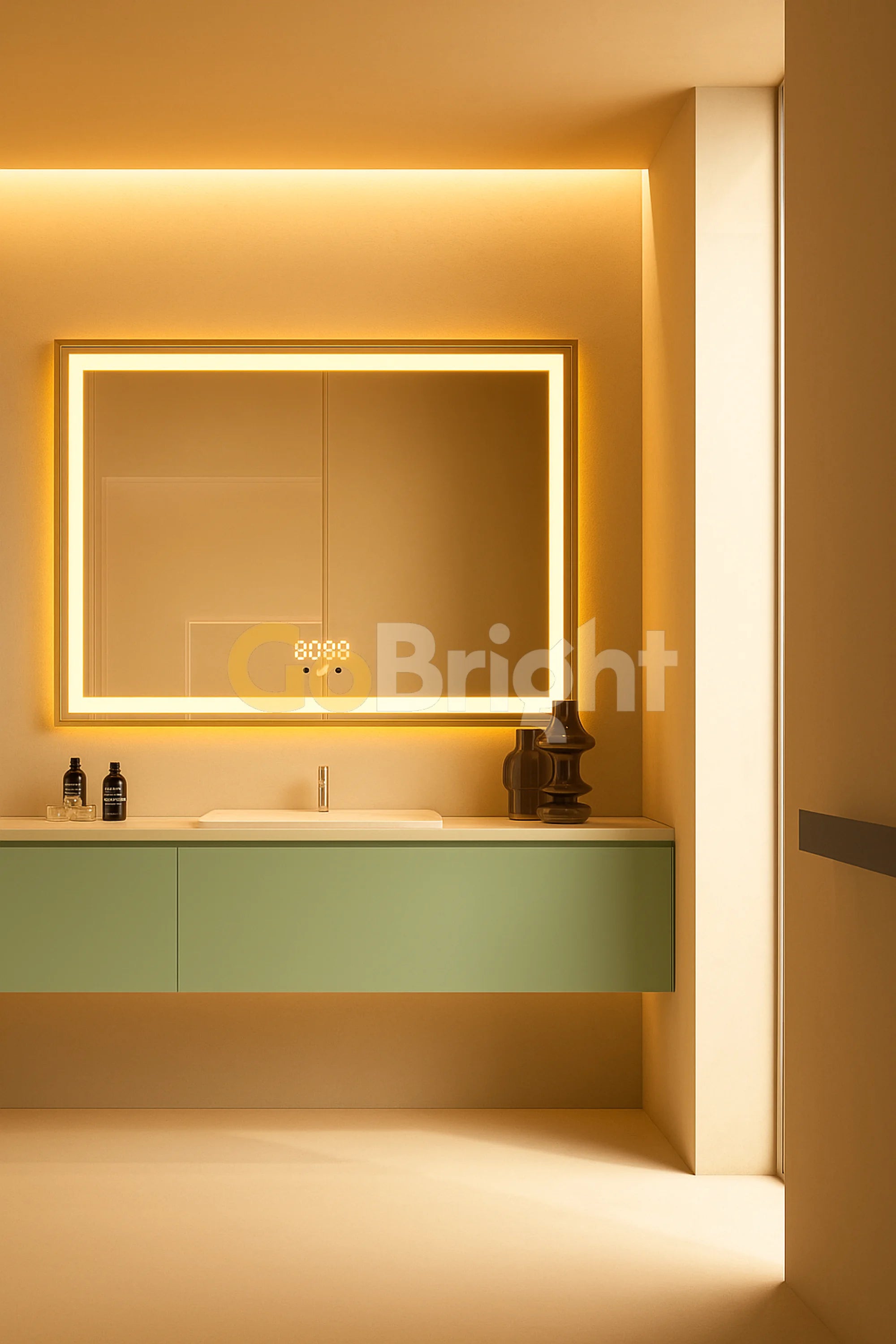 Oglinda LED Smart 80x60cm Auriu Senzor Miscare Dezaburire 3 Culori Luminoase Afisaj Ceas & Temperatura – Sticla Premium