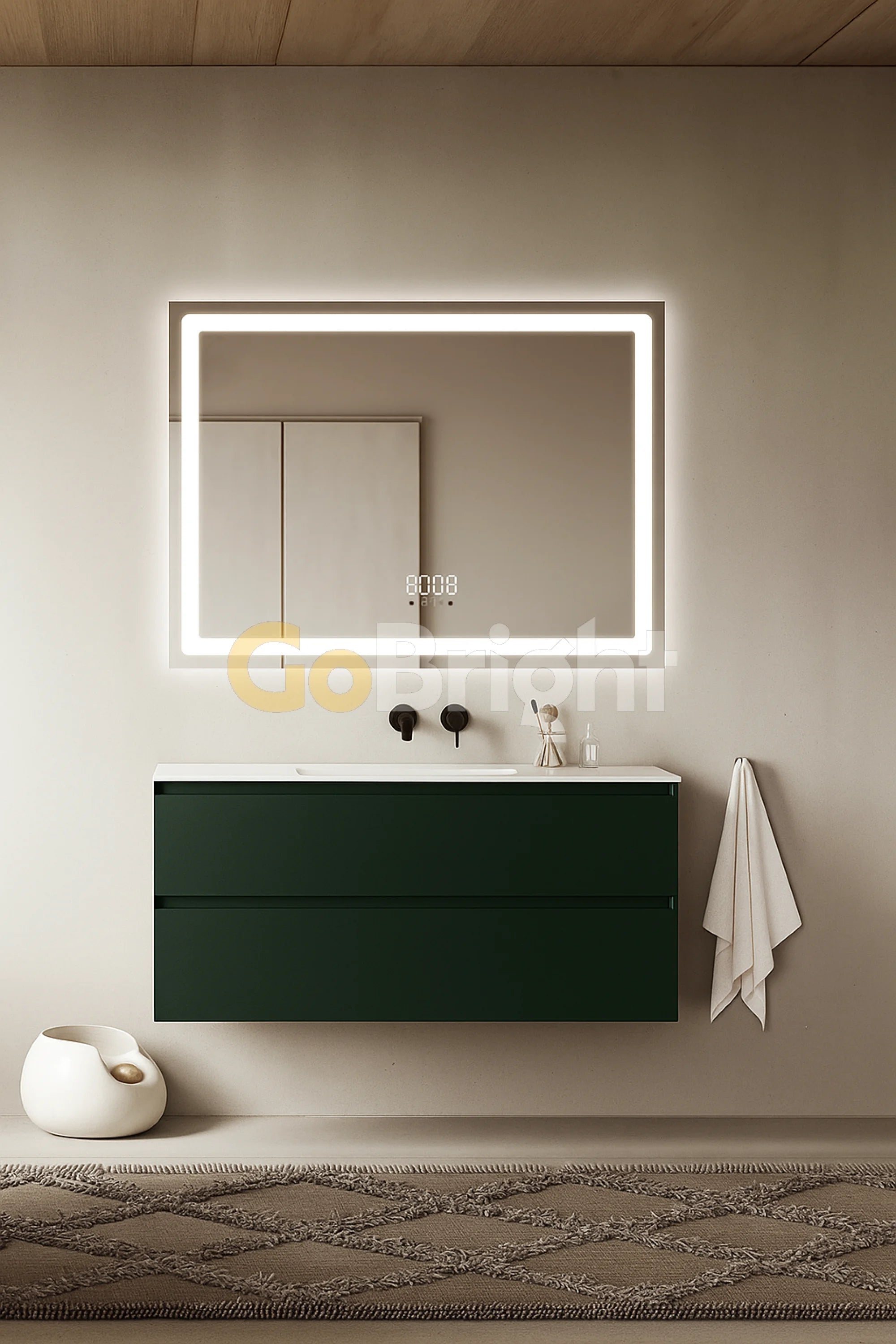 Oglinda LED Smart 80x60cm Senzor Miscare Dezaburire 3 Culori Luminoase Afisaj Ceas & Temperatura – Sticla Premium 5 mm