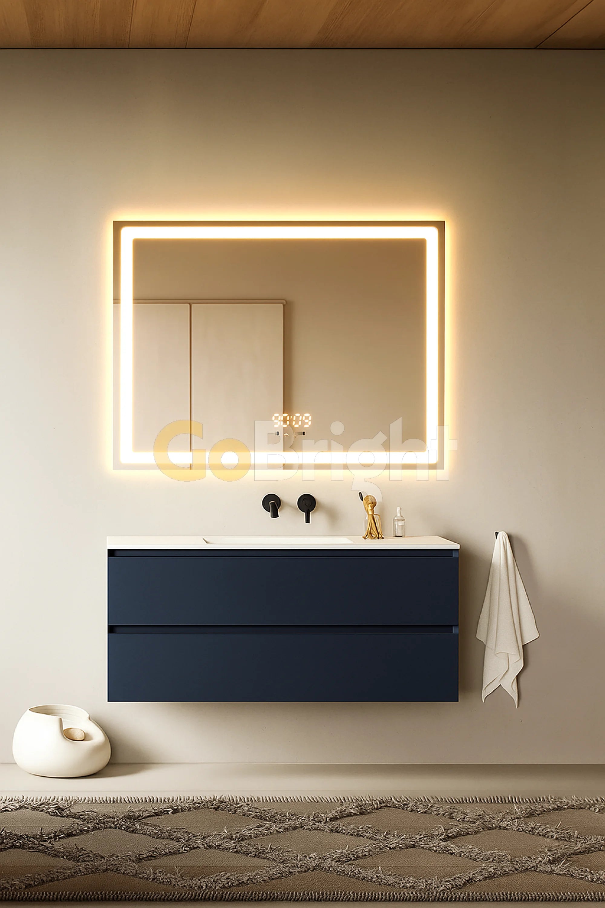 Oglinda LED Smart 80x60cm Senzor Miscare Dezaburire 3 Culori Luminoase Afisaj Ceas & Temperatura – Sticla Premium 5 mm