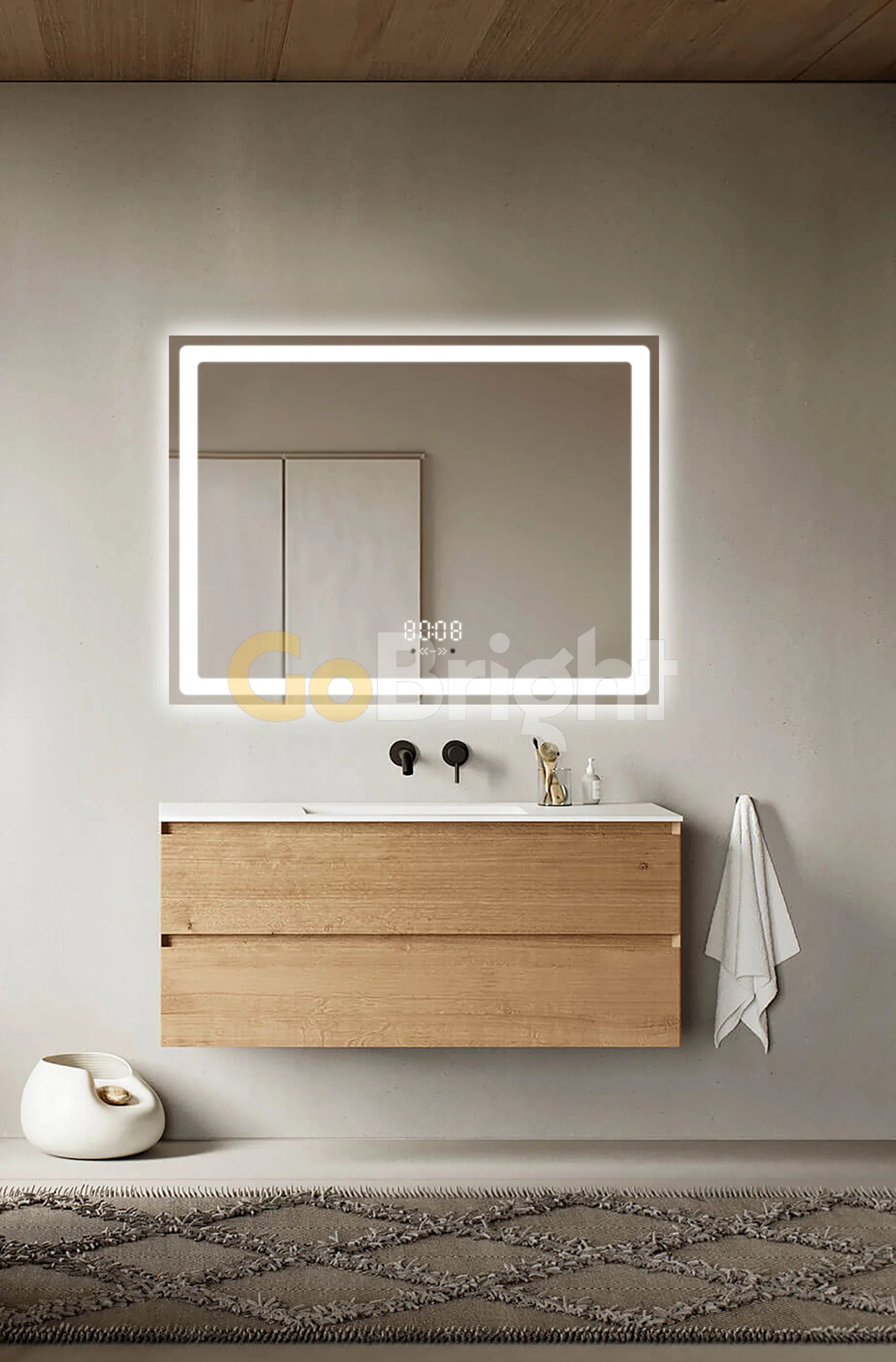 Oglinda LED Smart 80x60cm Senzor Miscare Dezaburire 3 Culori Luminoase Afisaj Ceas & Temperatura – Sticla Premium 5 mm