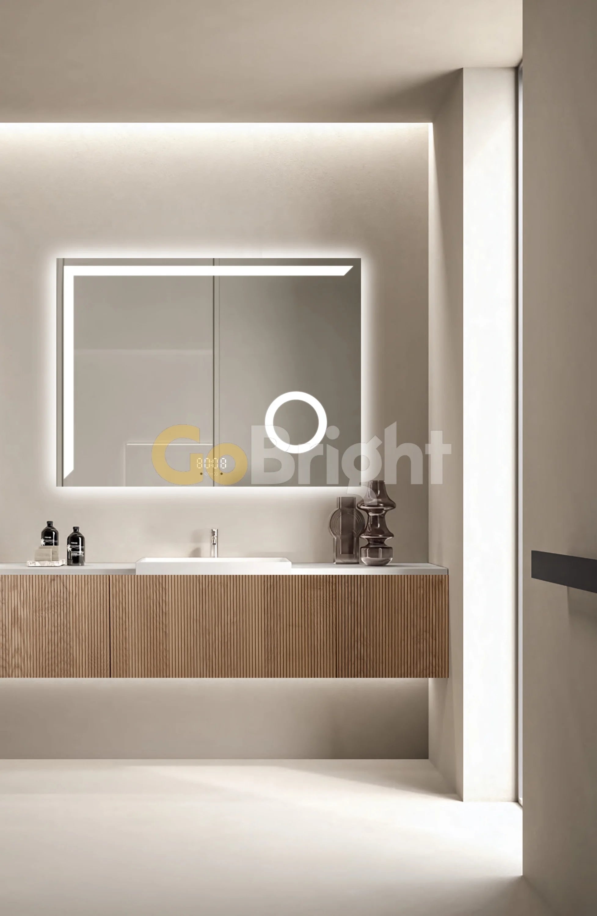 Oglinda LED Smart 80x60cm Senzor Miscare Lupa Dezaburire 3 Culori Luminoase Afisaj Ceas & Temperatura – Sticla Premium