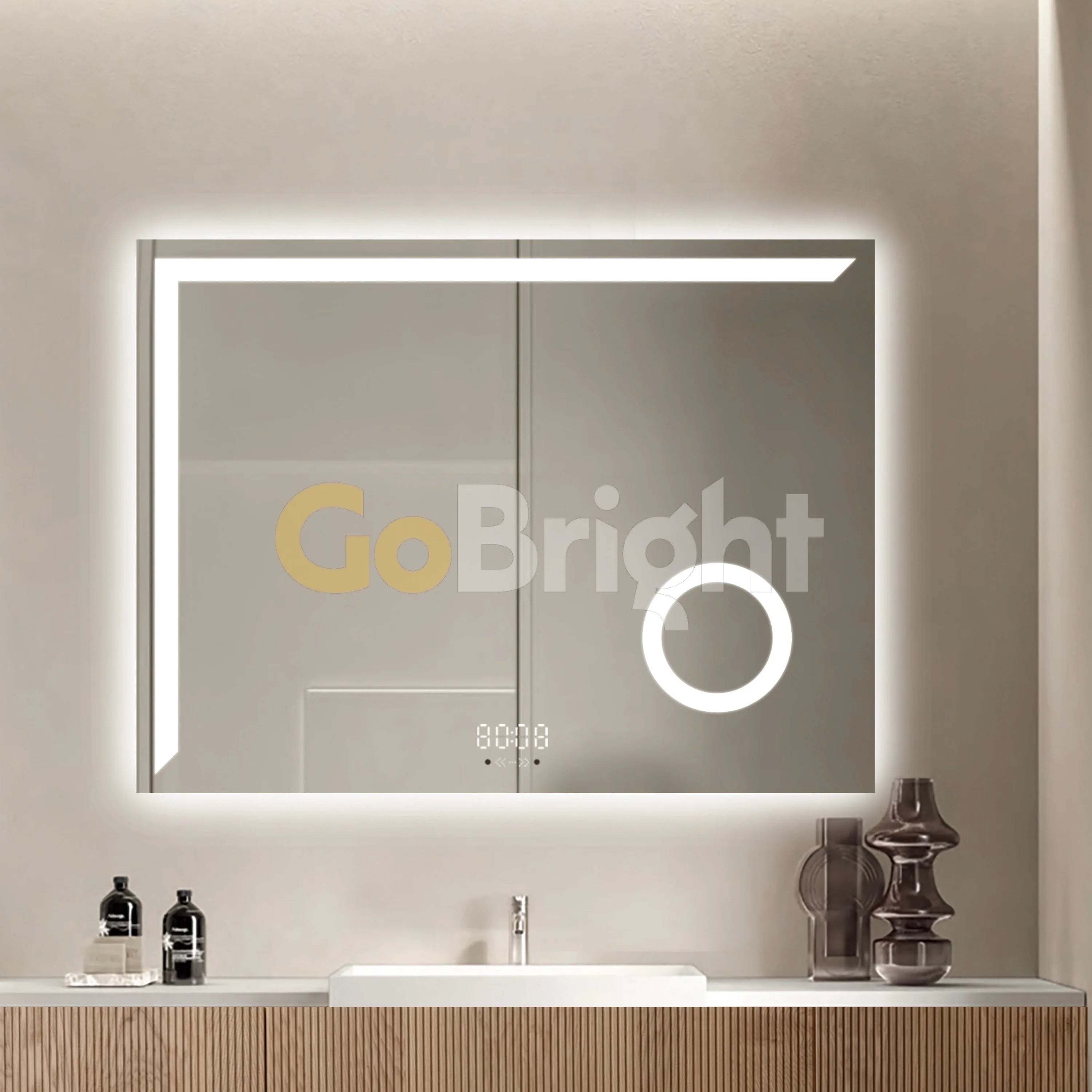 Oglinda LED Smart 80x60cm Senzor Miscare Lupa Dezaburire 3 Culori Luminoase Afisaj Ceas & Temperatura – Sticla Premium