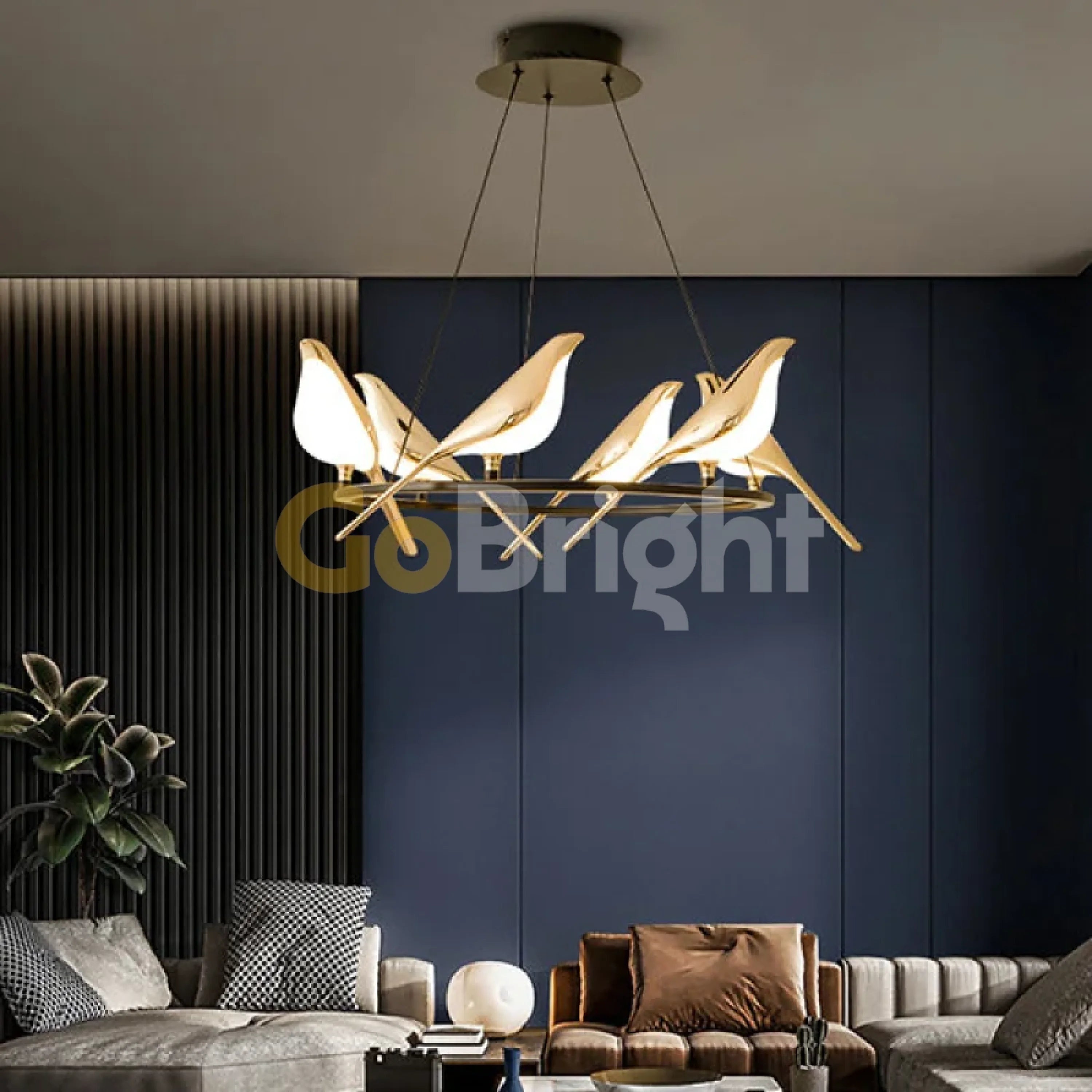 Pendul LED 6 Pasari Diametru 65cm 60W 3 Tipuri de Lumini Negru + Auriu