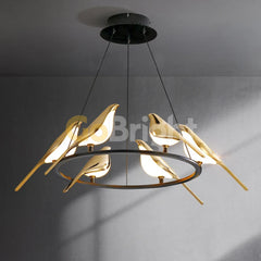 Pendul LED 6 Pasari Diametru 65cm 60W 3 Tipuri de Lumini Negru + Auriu