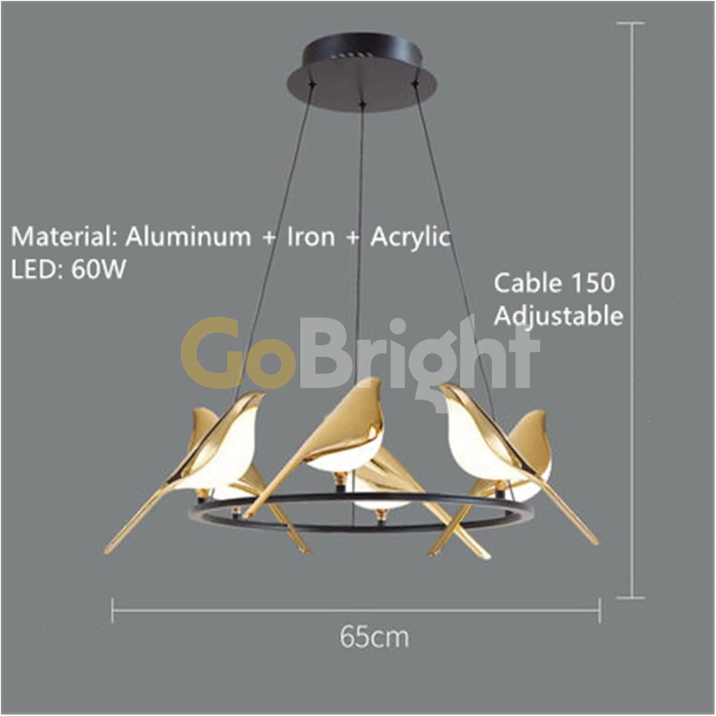 Pendul LED 6 Pasari Diametru 65cm 60W 3 Tipuri de Lumini Negru + Auriu