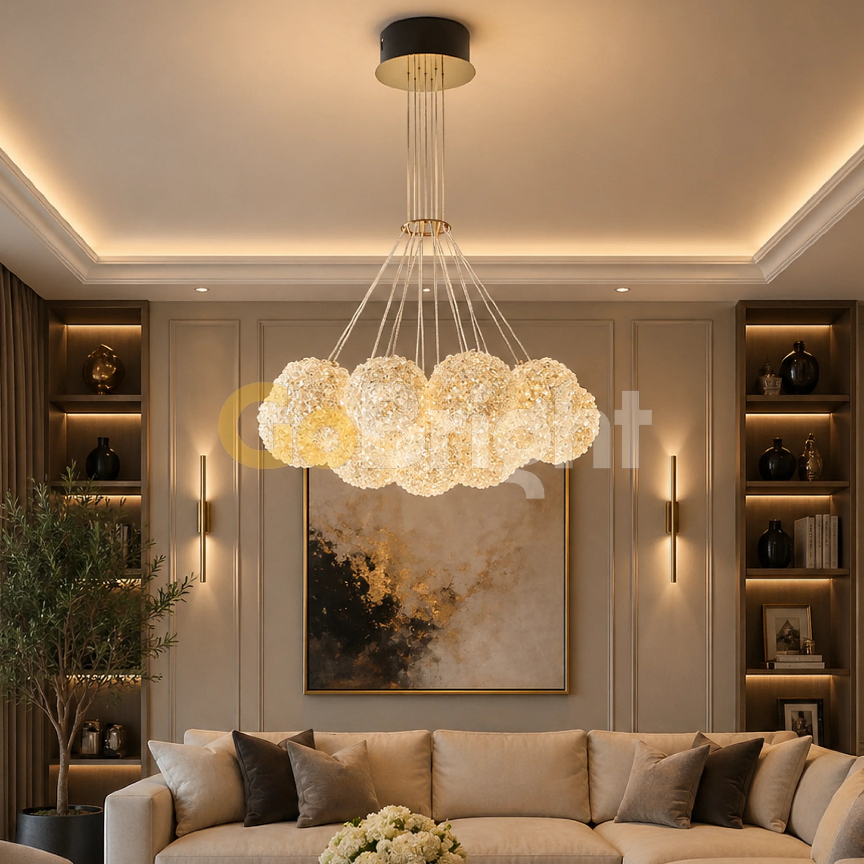 Pendul LED 7 Bile Cristale Glow Auriu